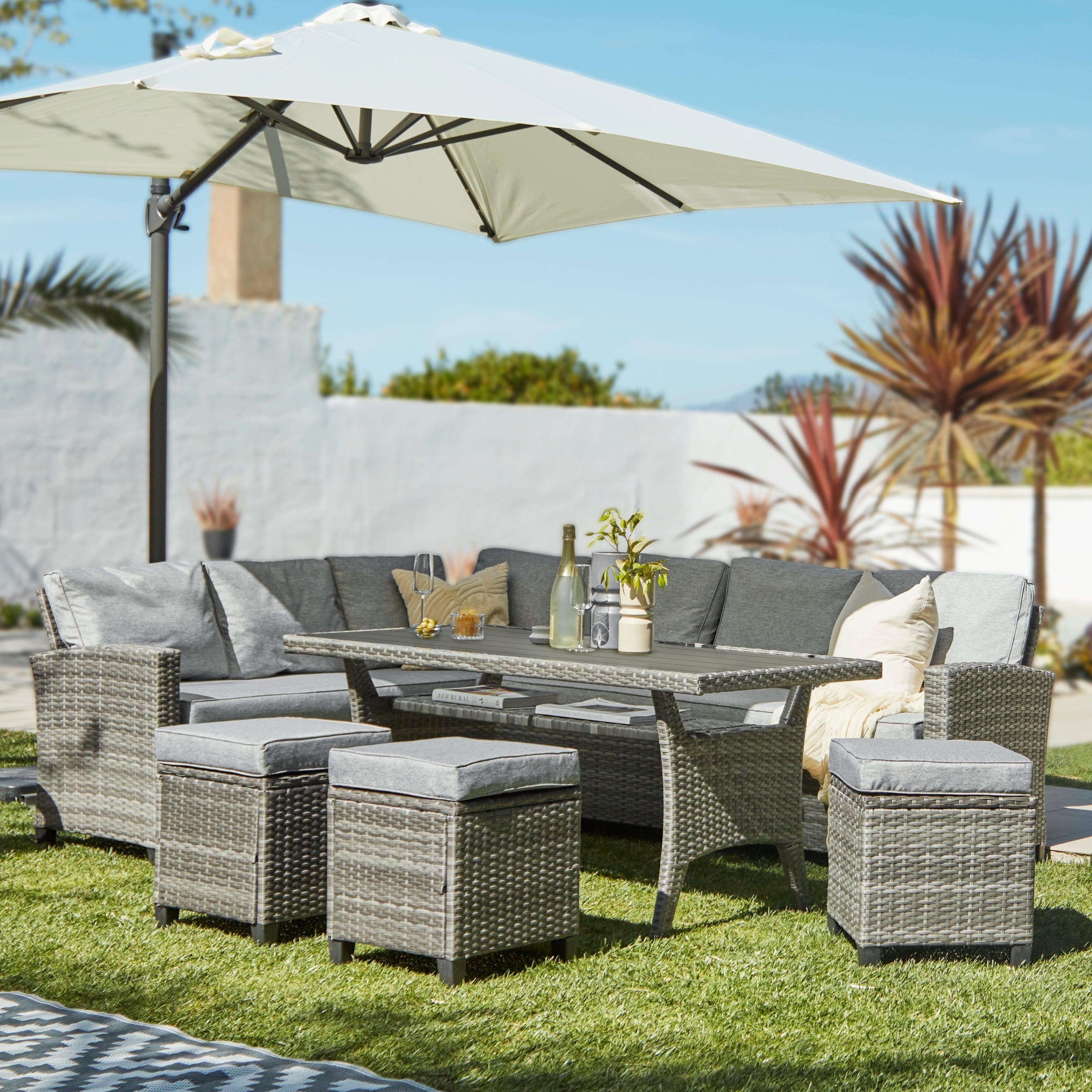 Aston 9 Seater Rattan Garden Corner Sofa Set with Cream Lean Over Parasol - Polywood Top - Grey - Image 4