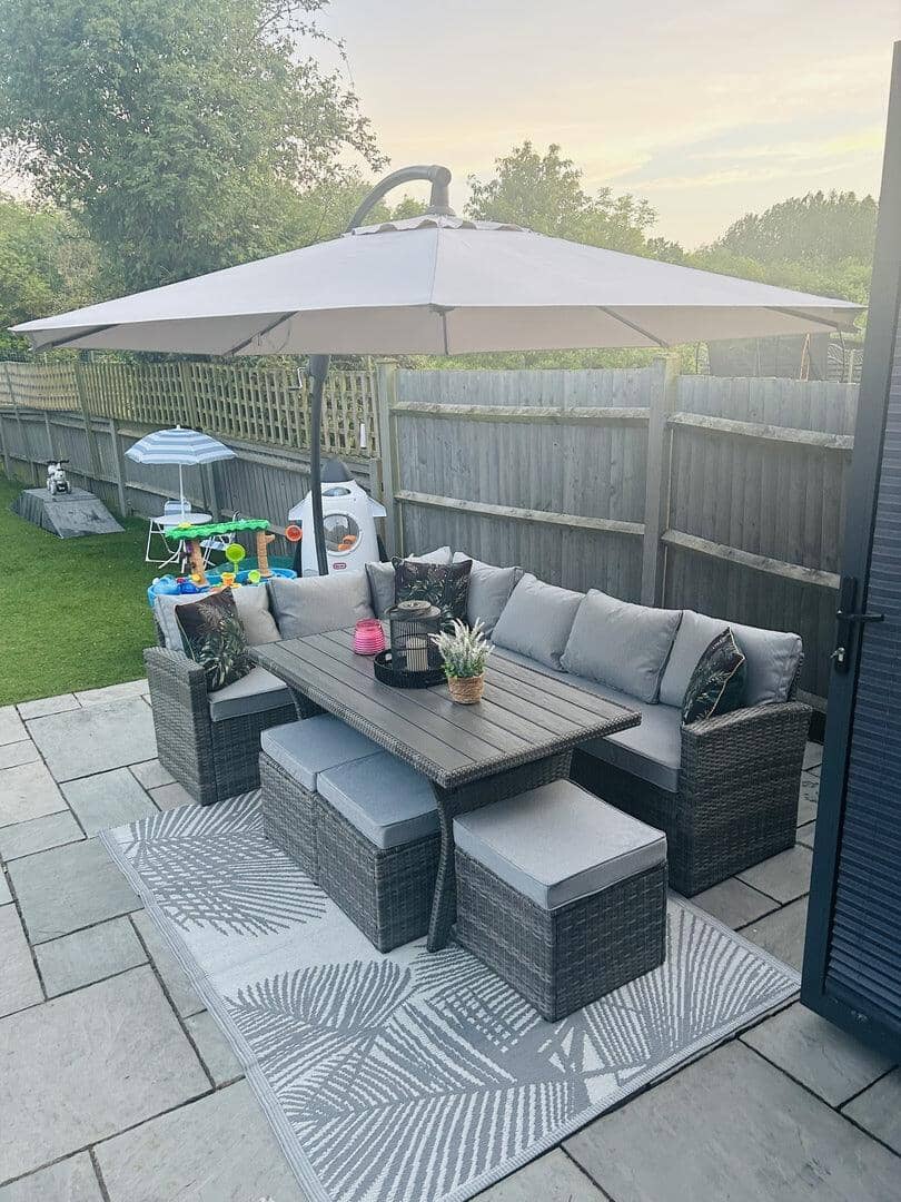 Aston 9 Seater Rattan Garden Corner Sofa Set with Cream LED Premium Parasol - Polywood Top - Grey - Image 3
