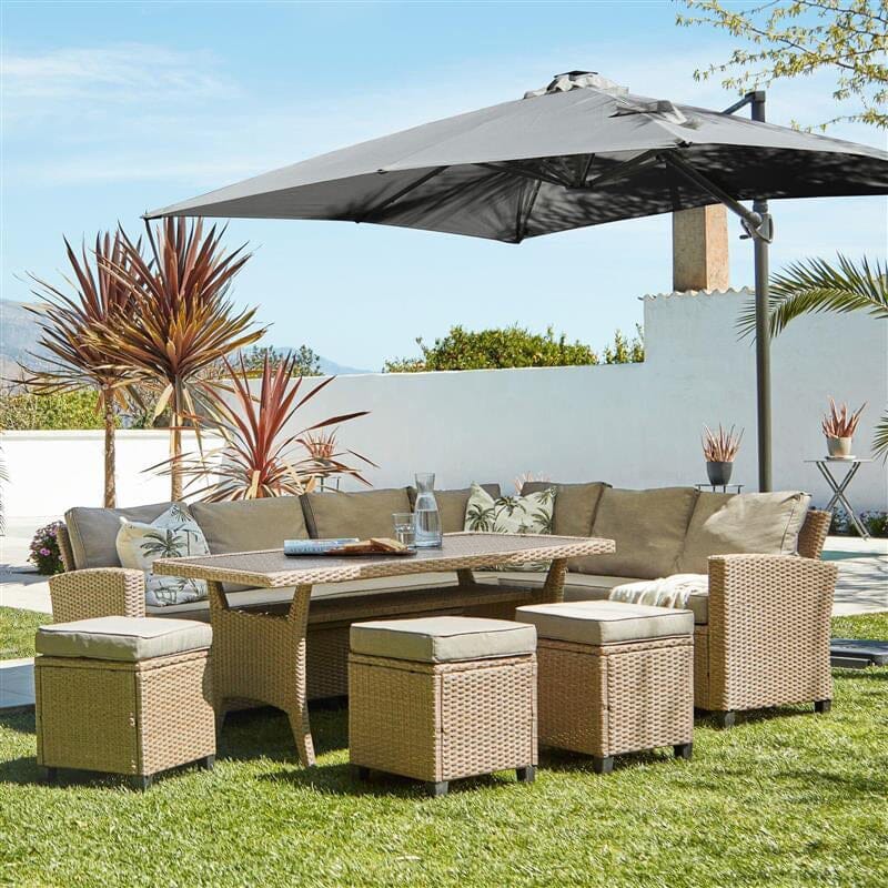 Aston 9 Seater Rattan Corner Sofa Set with Grey Lean Over Parasol with Glass Table Top - Natural Brown