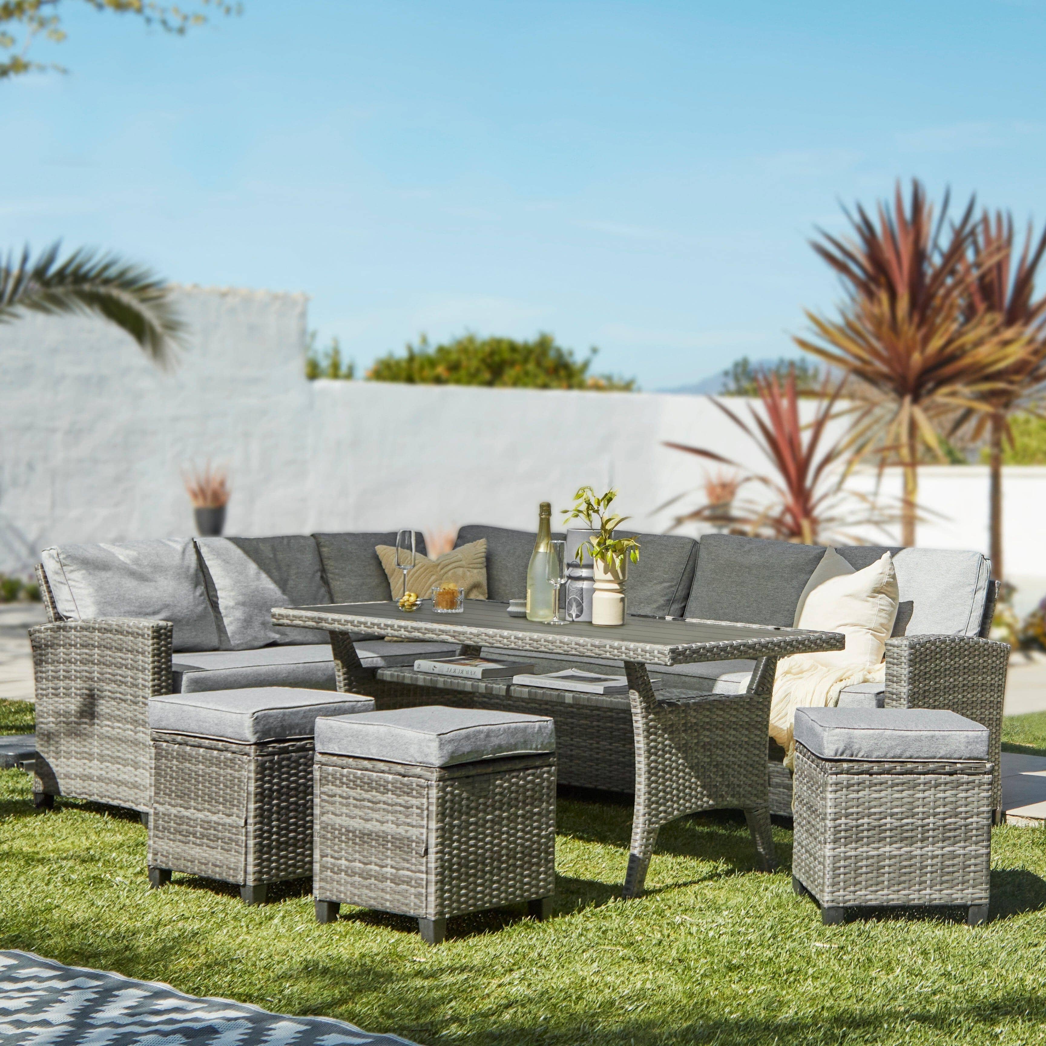 Aston 9 Seater Rattan Garden Corner Sofa Set with Grey LED Premium Parasol - Polywood Top - Grey - Image 4