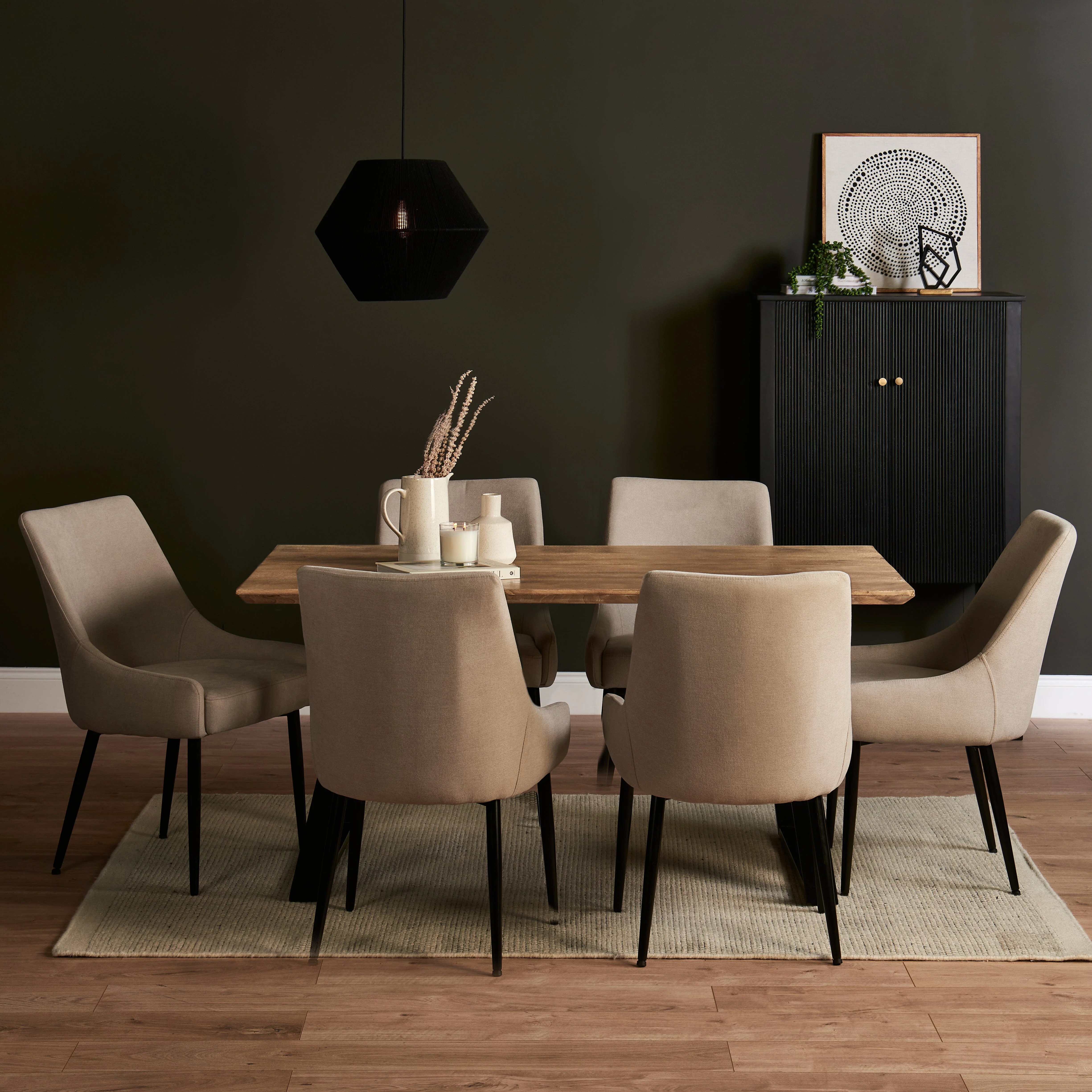 Atlas Chalked Mango Wood Dining Table Set - 6 Seater - Maeve Soft Beige Dining Chairs - Black Oak Legs - Image 6