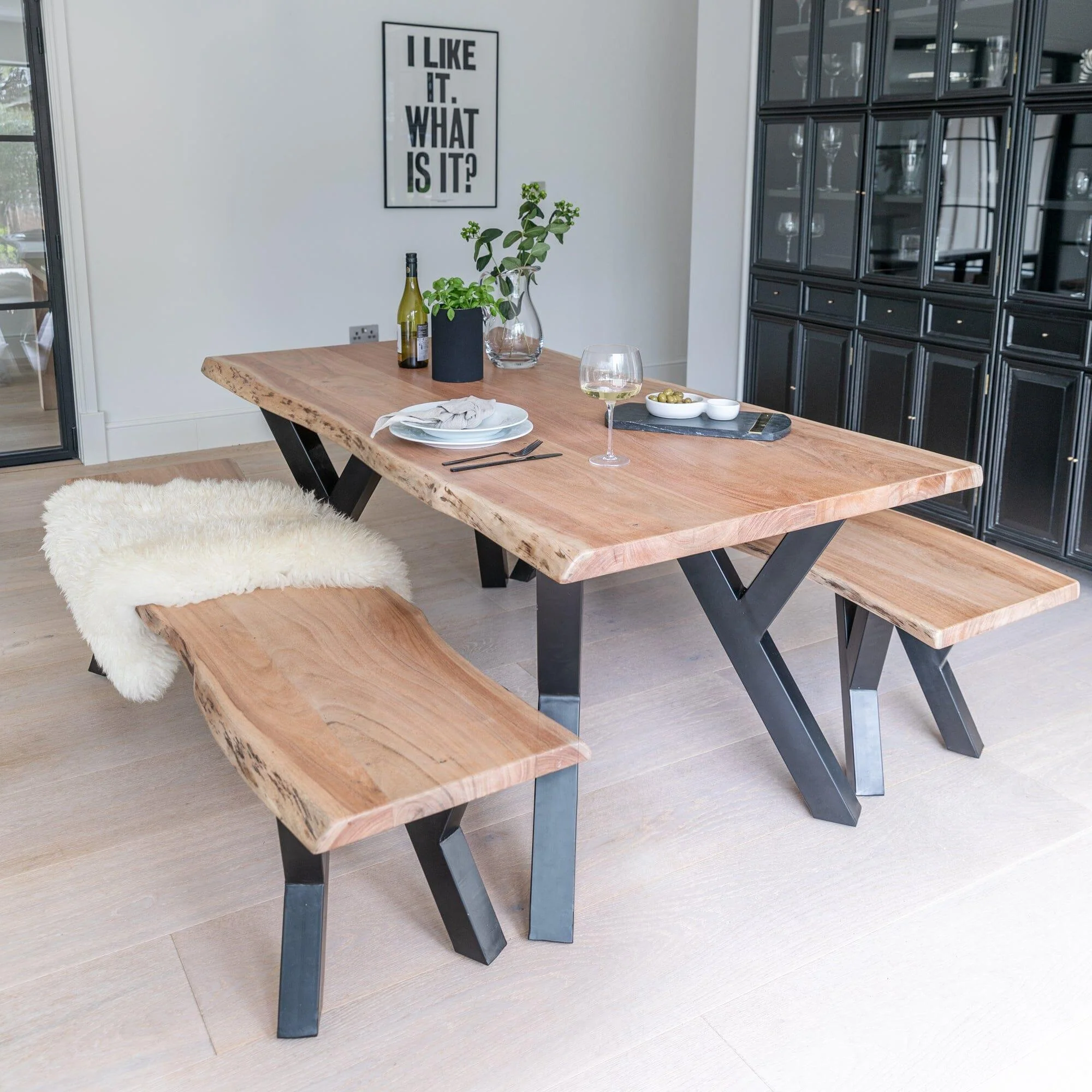 Bosco Acacia Wood Dining Table Set - 6 Seater - Bosco Dining Benches - Black Legs - Image 7