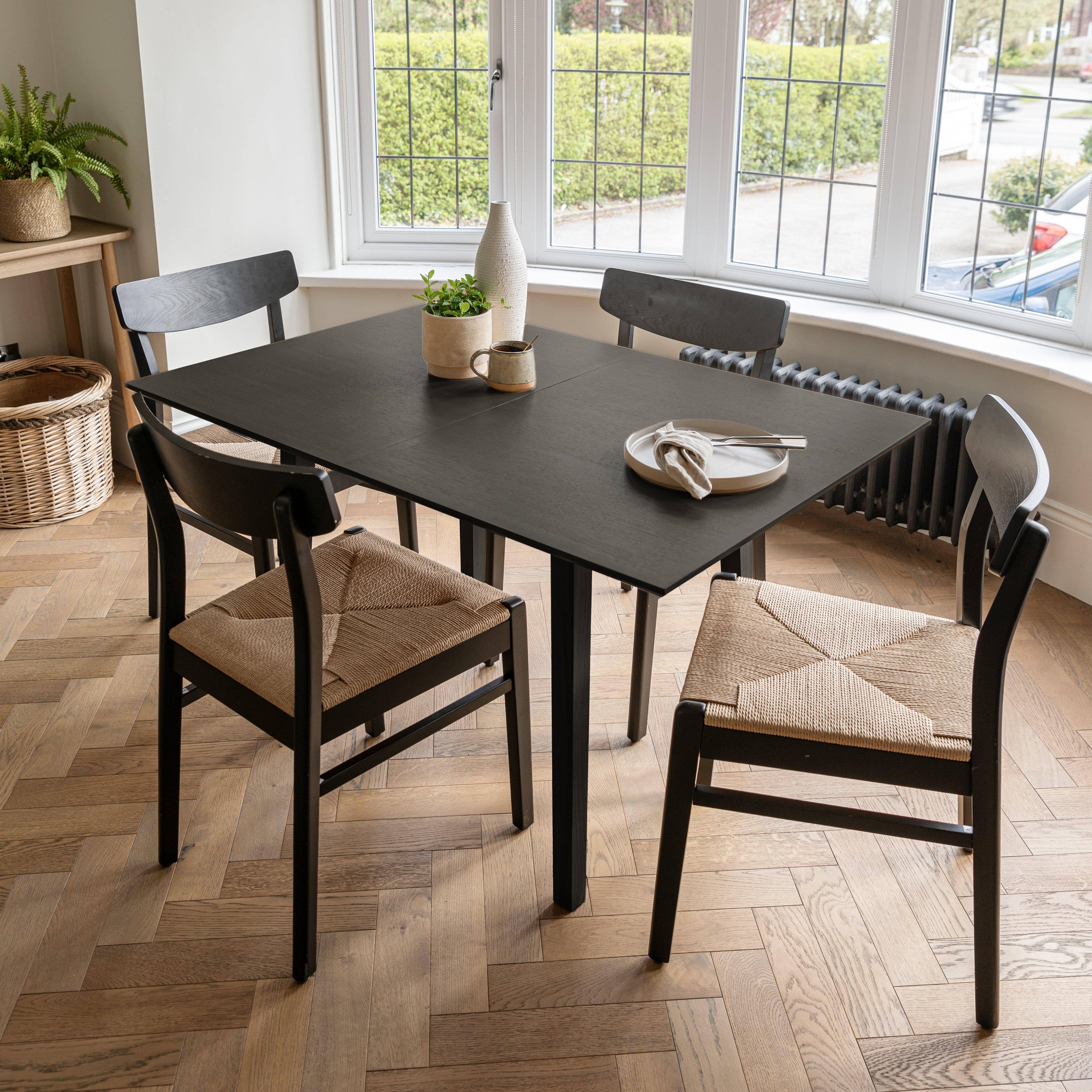 Charlie Black Oak Dining Table Set - Extendable - 4 Seater - Faye Black Woven Dining Chairs