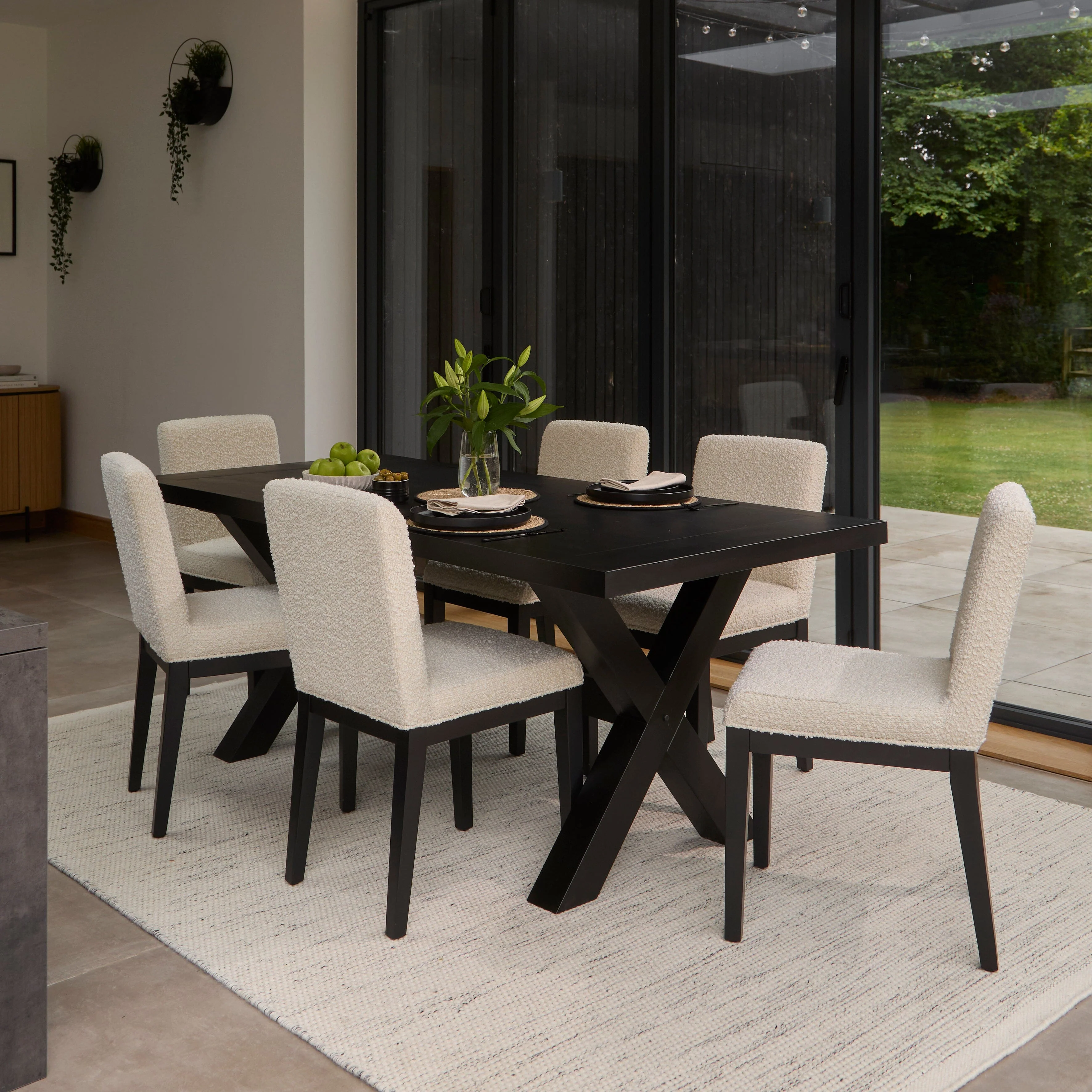 Charlotte Black Oak Extending Dining Table Set - 6 Seater - Nolan Boucle Dining Chairs - Black Oak Legs