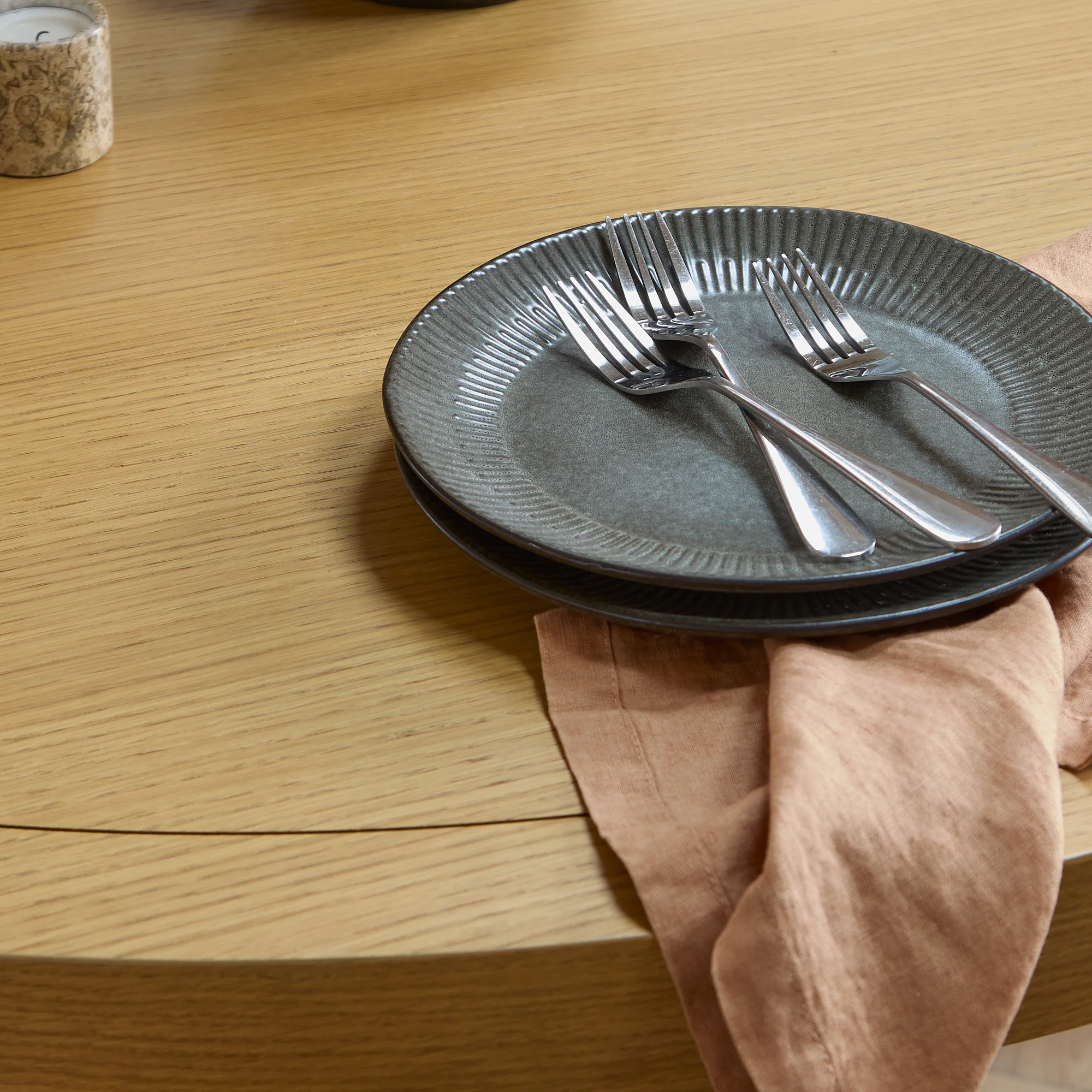 Charlotte Pale Oak Round Dining Table Set - 4 Seater - Ella Pale Oak Carver Chair - Fawn Linen - Image 5