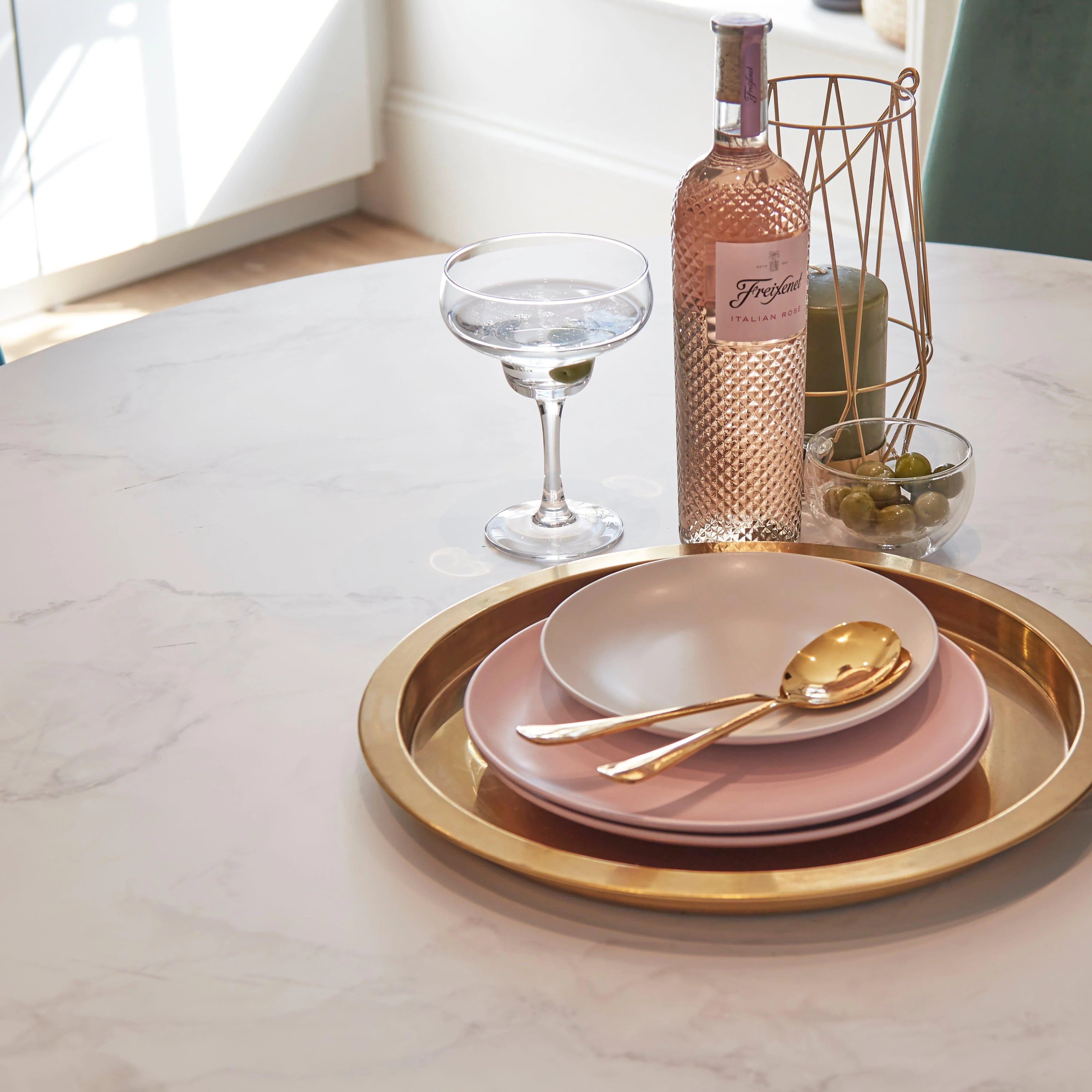 Clara Marble Effect Round Dining Table - Gold Frame - Image 4