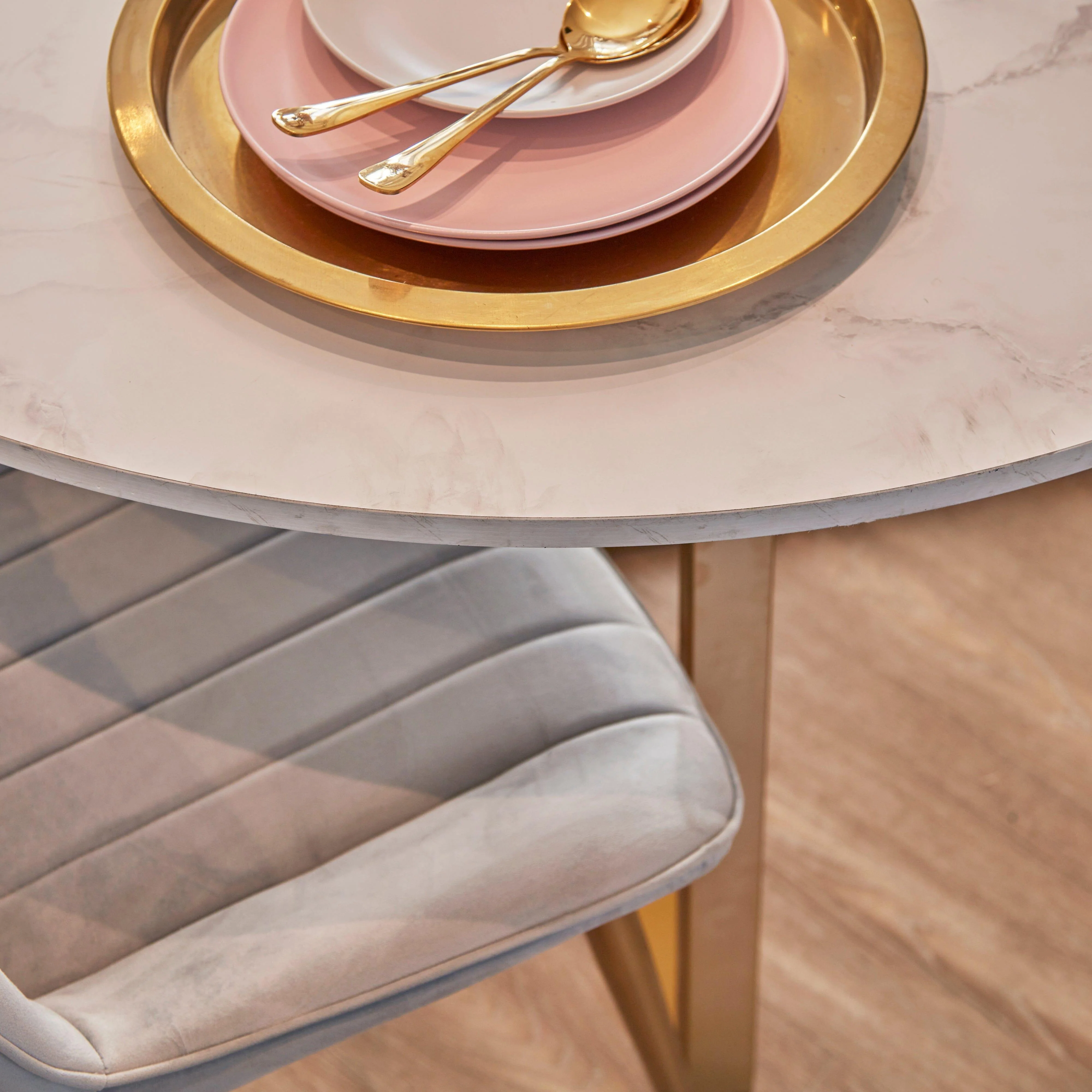 Clara Marble Effect Round Dining Table - Gold Frame - Image 5