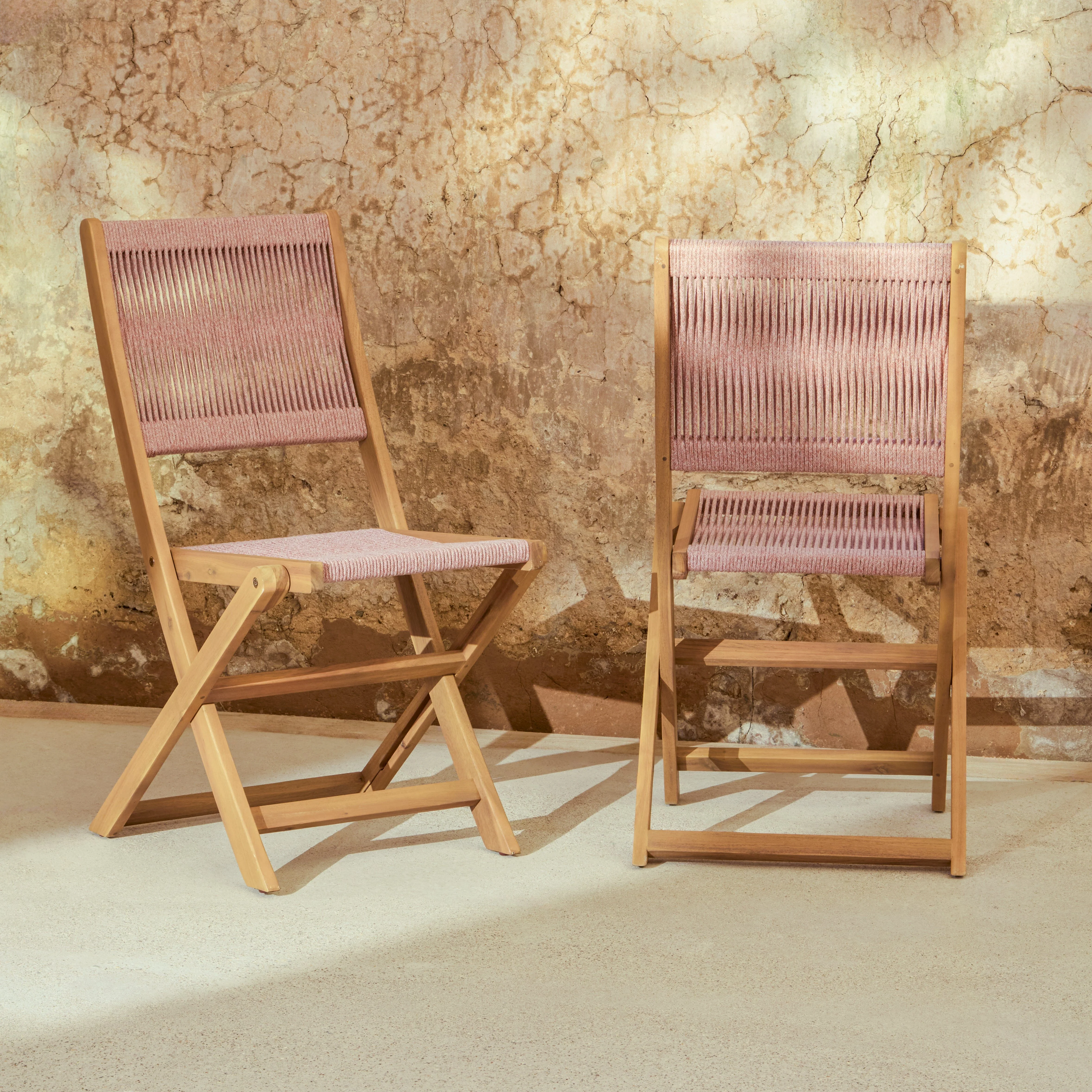 Cove White Acacia Garden Chair - Set of 2 - Mottled Pink Rope - Image 2