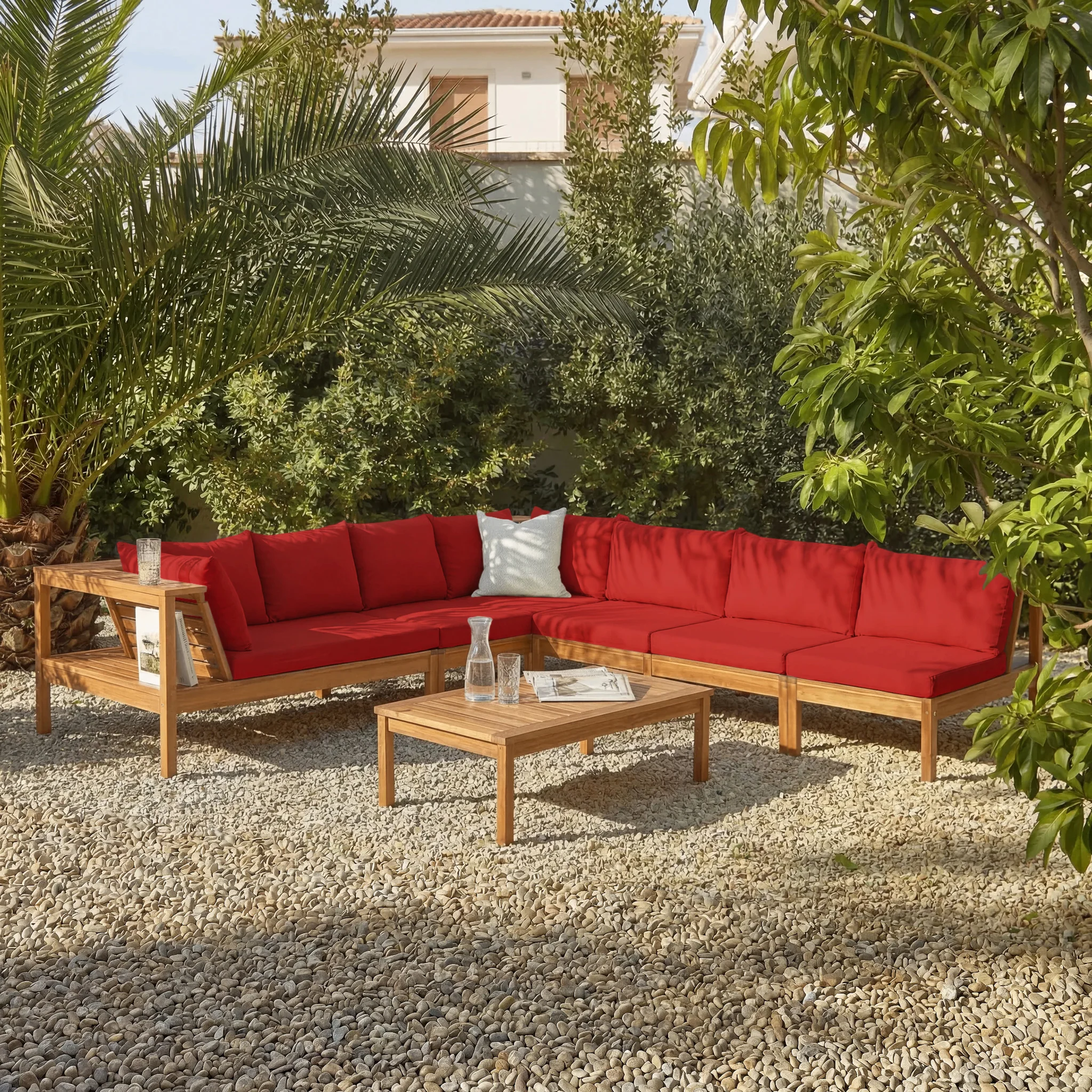 Dakota 7 Seater Wooden Corner Sofa Set - Natural Acacia with Red Cushions