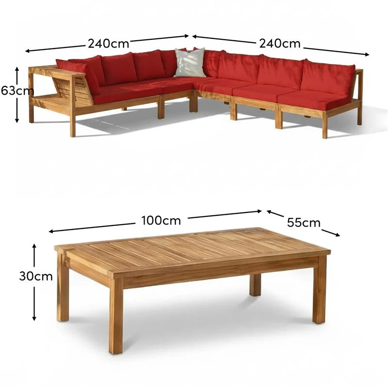 Dakota 7 Seater Wooden Corner Sofa Set - Natural Acacia with Red Cushions - Image 6