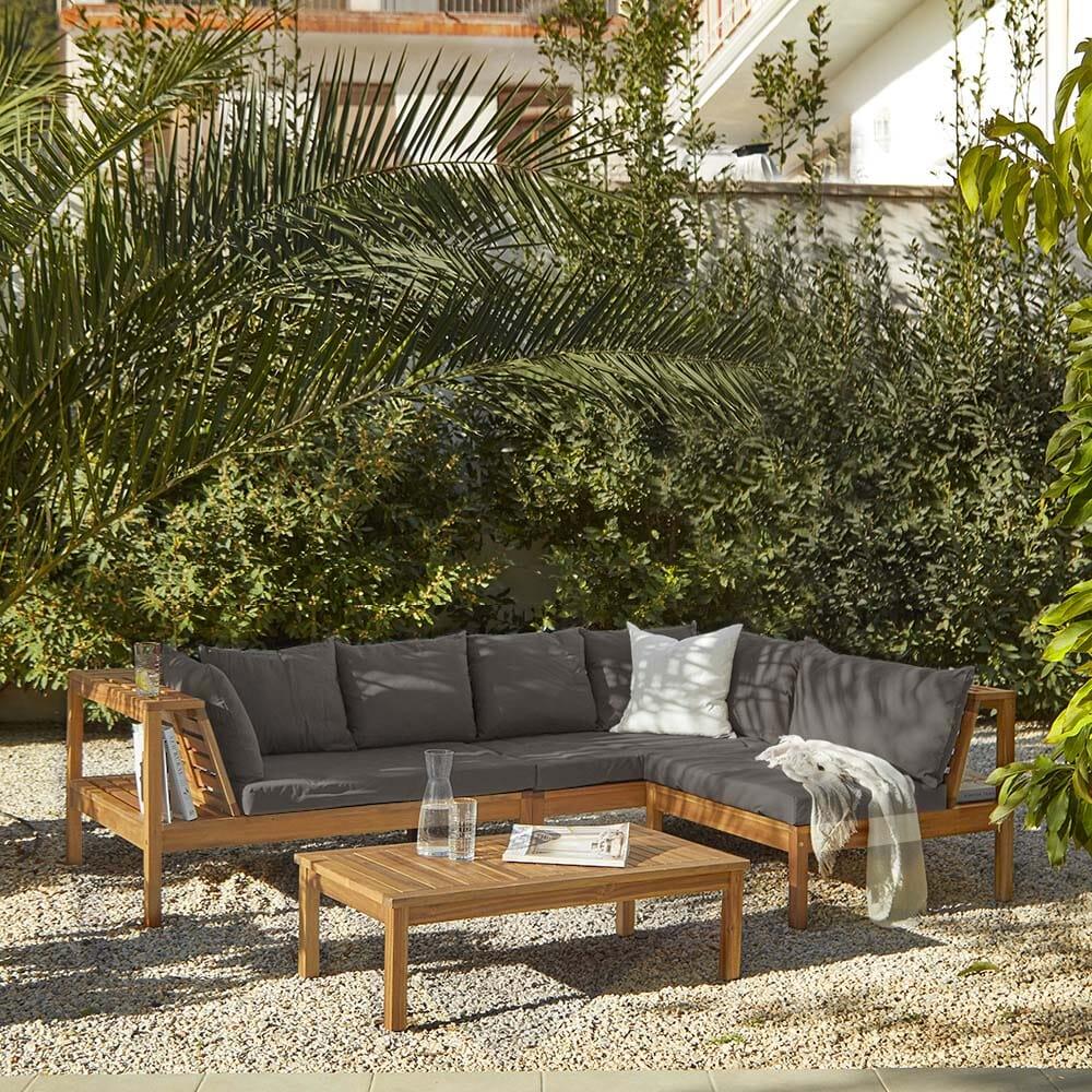 Dakota Wooden Garden Corner Sofa Set with Grey Parasol - Grey Cushions - Image 6