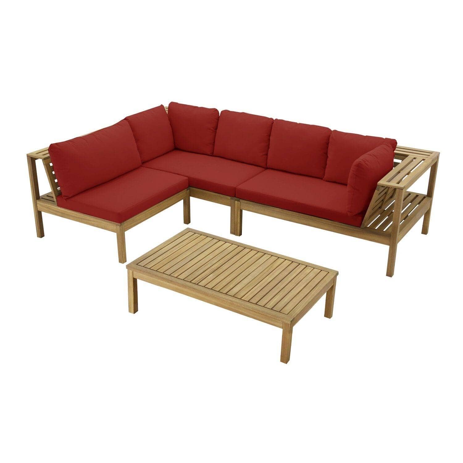 Dakota Wooden Garden Corner Sofa Set with Cream Parasol - Red Cushions - Image 14