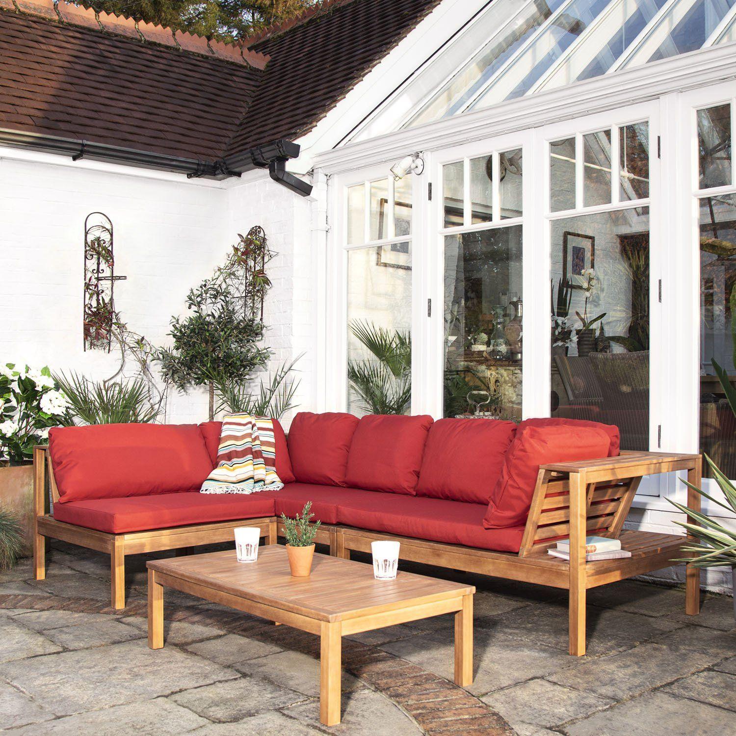 Dakota Wooden Garden Corner Sofa Set with Cream Parasol - Red Cushions - Image 7