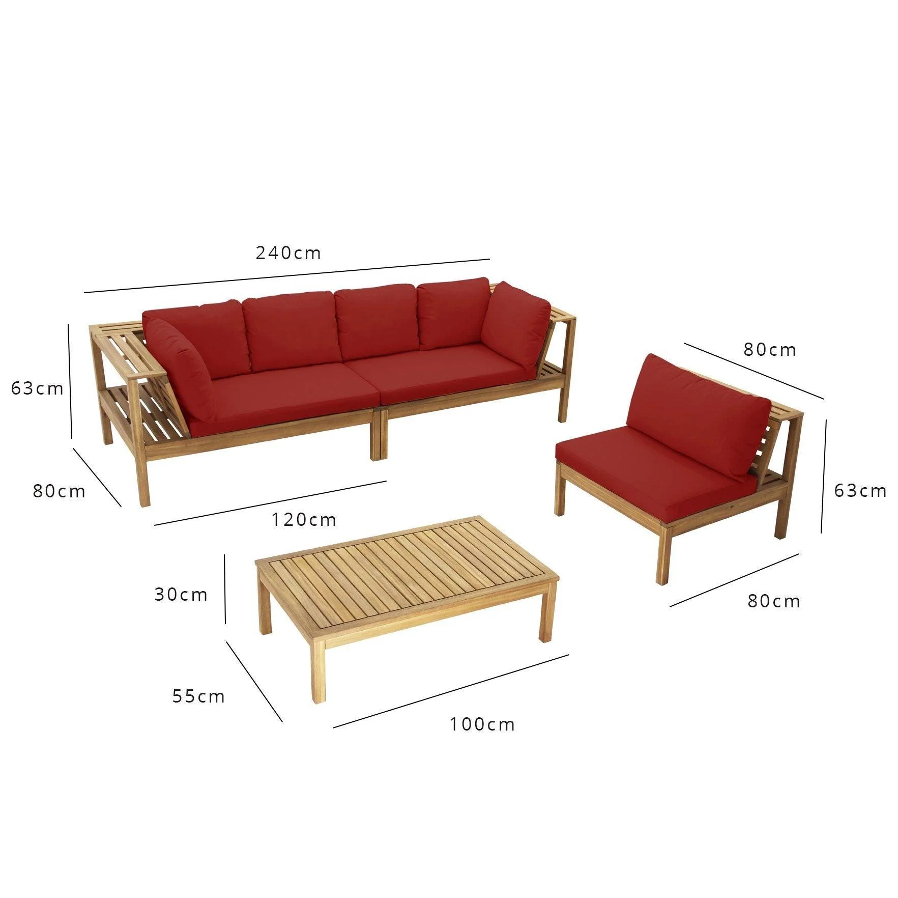 Dakota Wooden Garden Corner Sofa Set with Grey Parasol - Red Cushions - Image 19