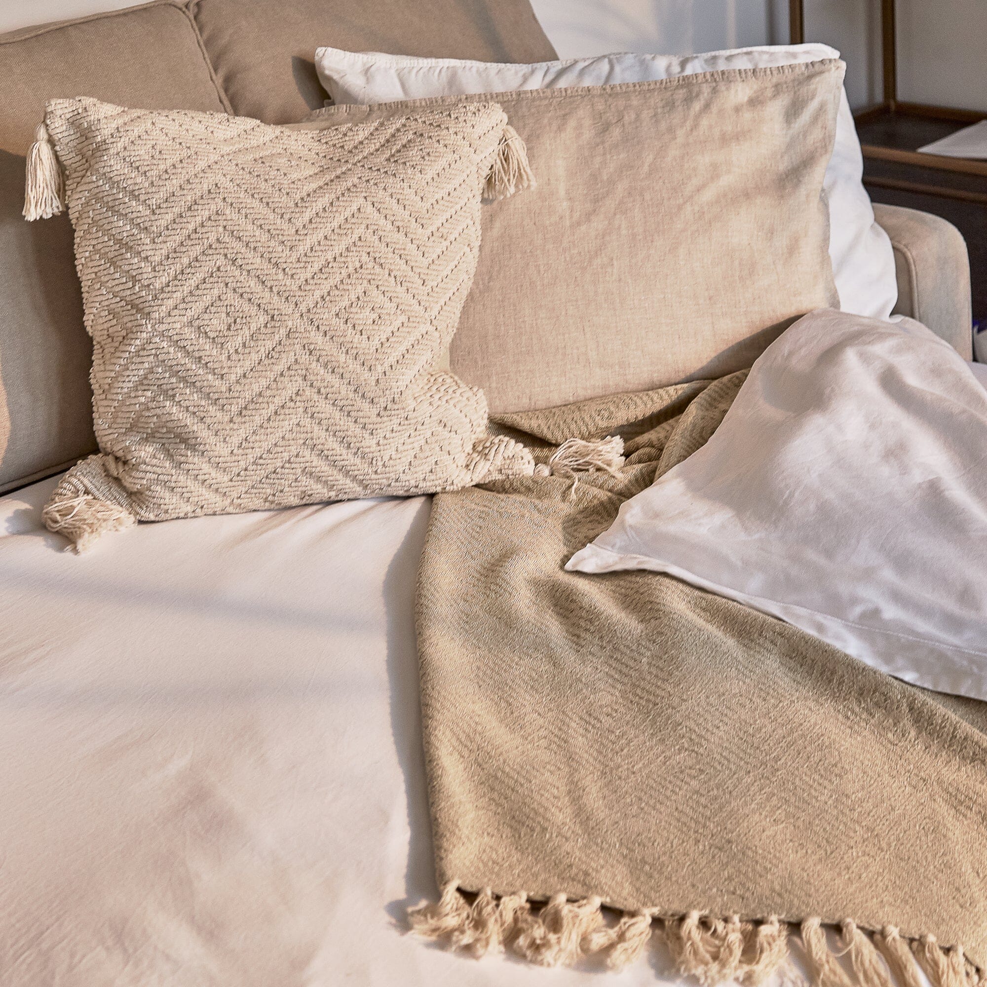 Elborough 50x50cm Diamond Cotton Tasseled Cushion Cover - Off White - Image 3