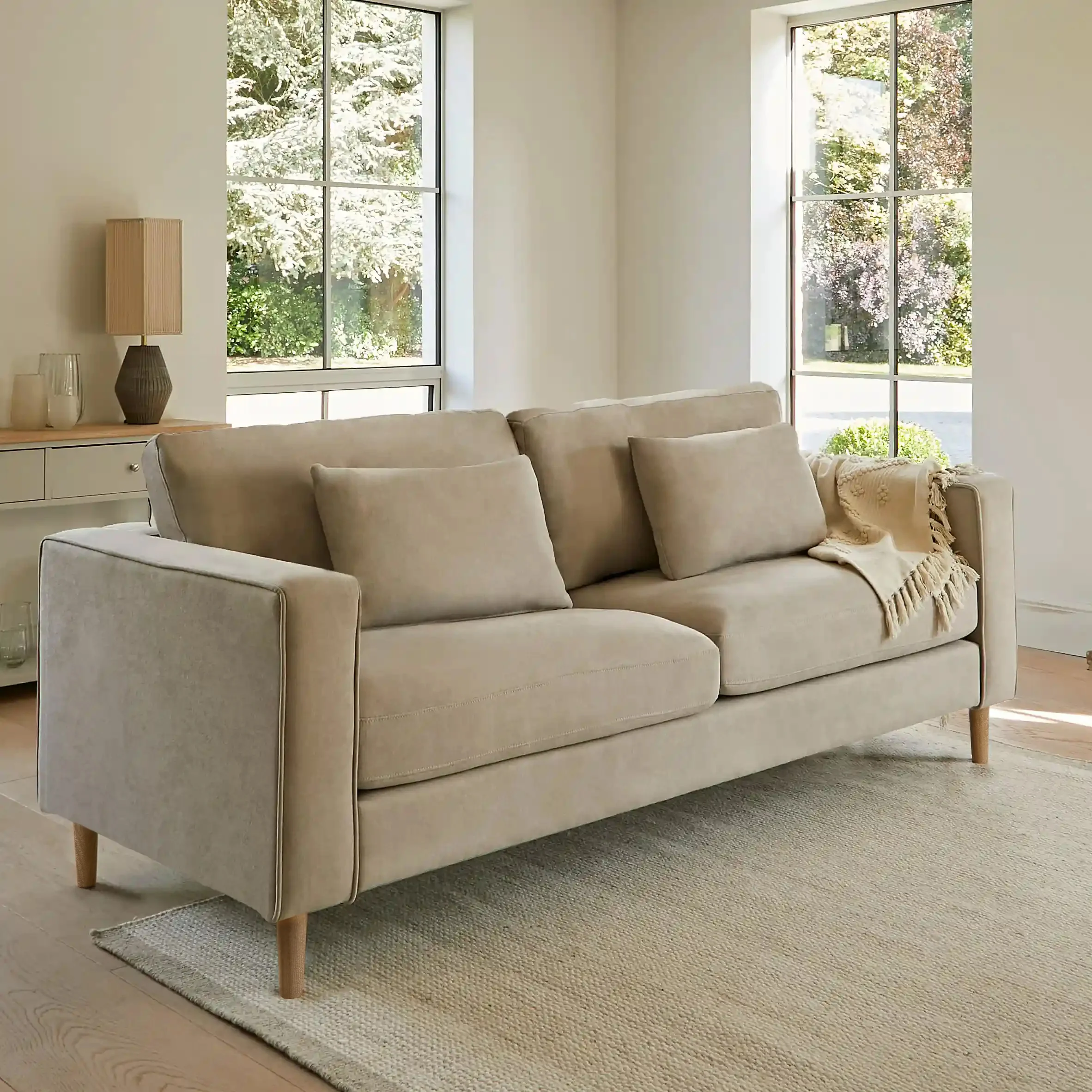 Emily 3 Seater Sofa - Soft Beige with Whitewash Oak Legs - Image 2
