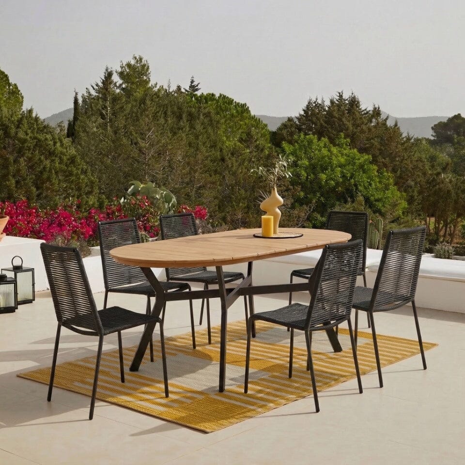 Ezra 6 Seater Oval Wooden Garden Dining Set with Ryder Black Chairs