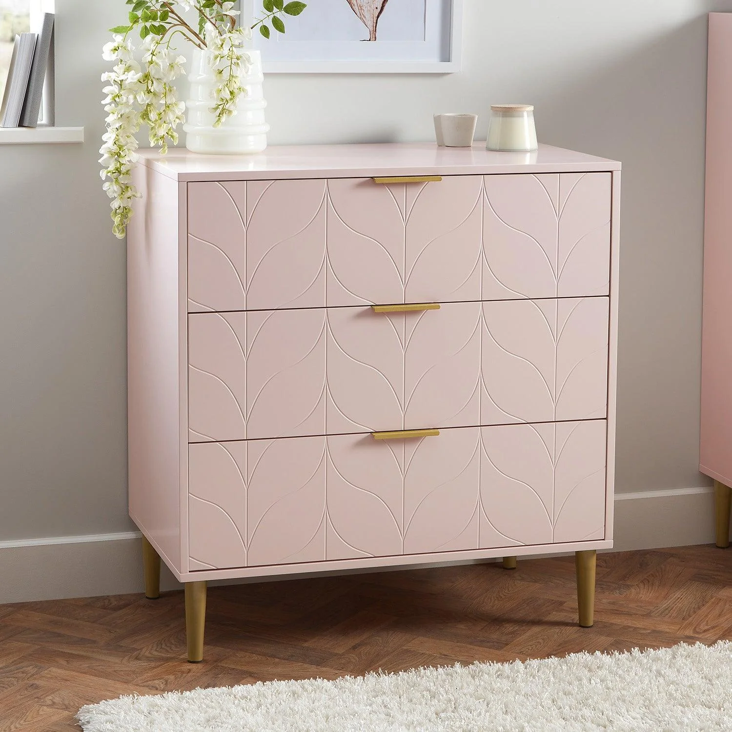 Gloria 3 Drawer Chest of Drawers - Blush Pink & Brass Effect - Image 2