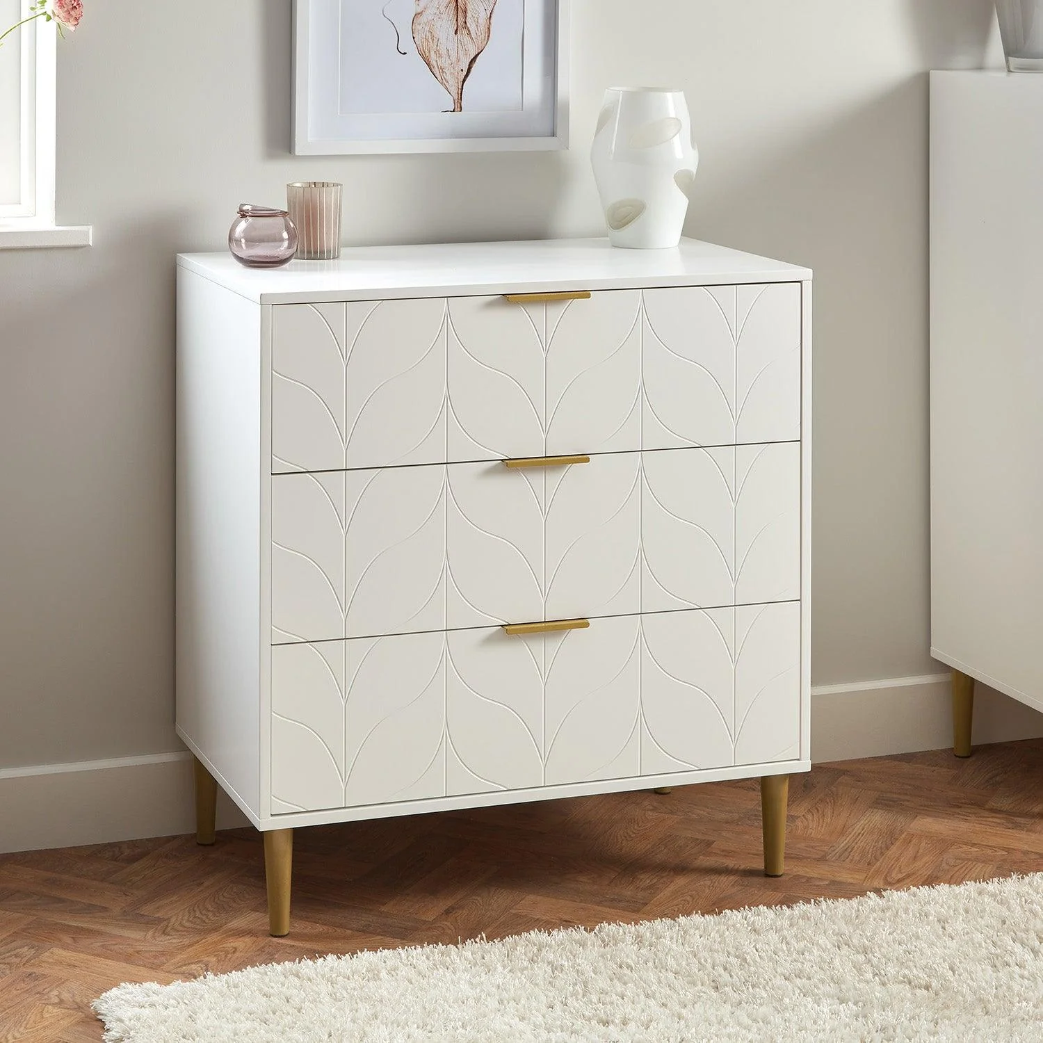 Gloria 3 Piece Bedroom Furniture Set - 3 Drawer Chest of Drawers - White - Image 6