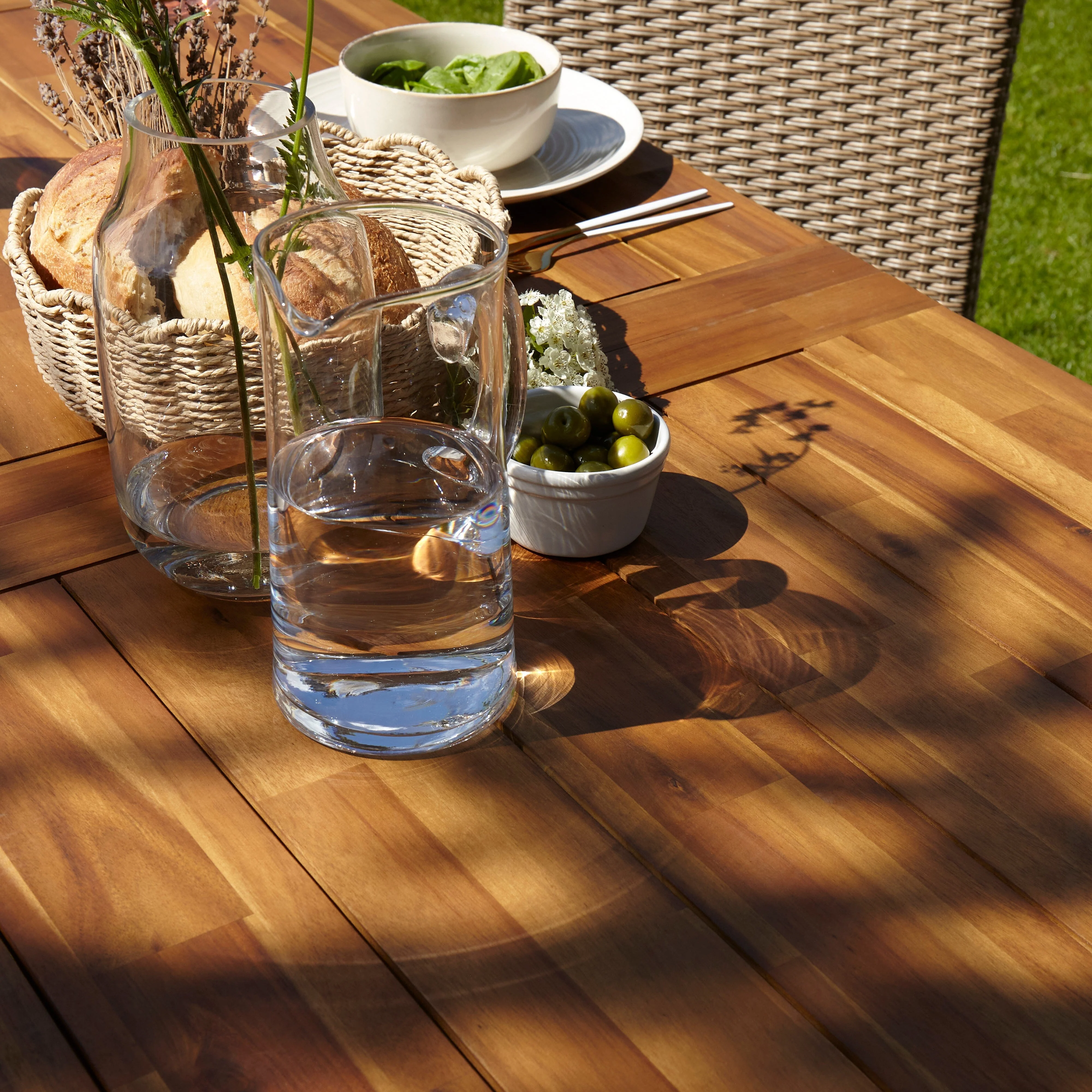 Hali 6 Seater Wooden Garden Dining Set with Hali Green Chairs & Cream LED Premium Parasol - 175cm - Image 13