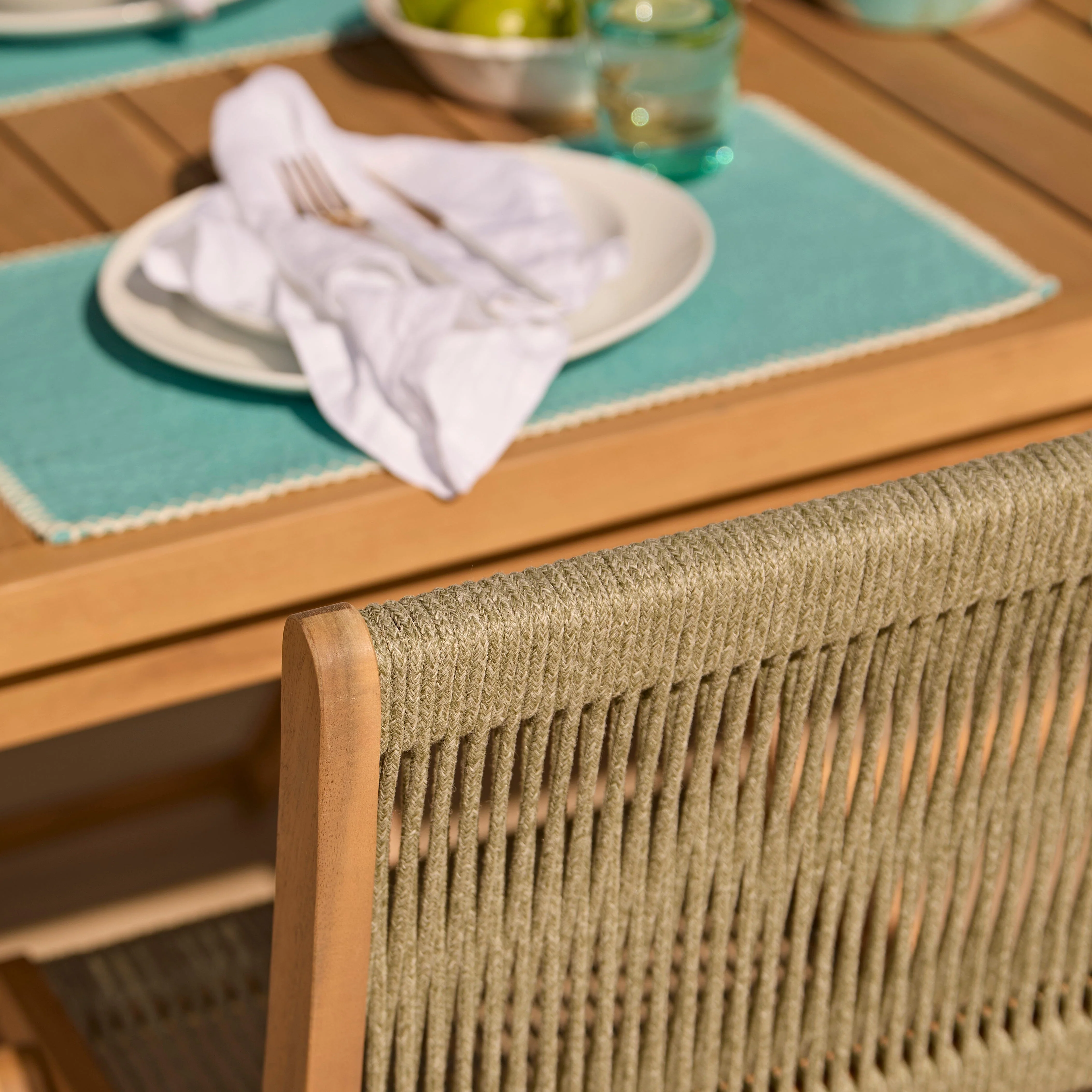 Harlyn 6 Seater Wooden Garden Dining Set with Cove Green Rope Chairs - 200cm - Image 3
