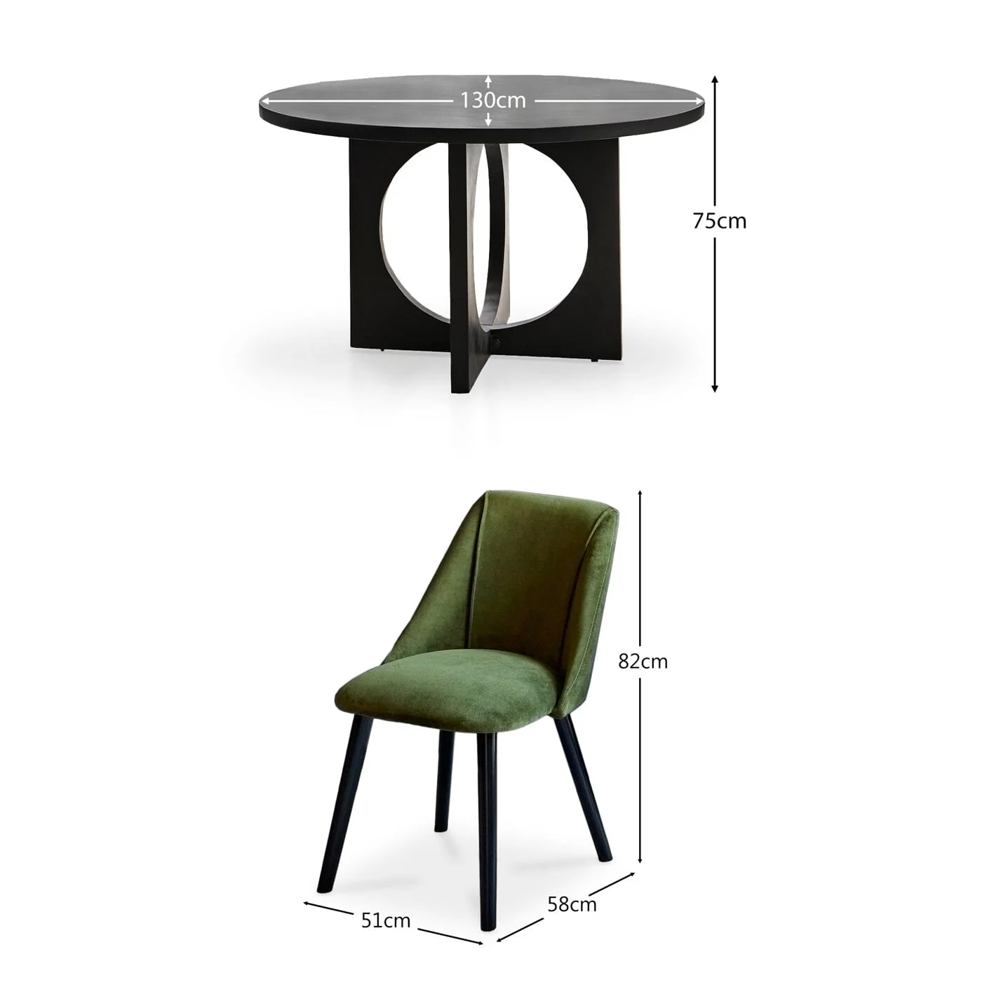 Jade Jet Black Round Acacia Dining Table Set - 4 Seater - Freya Fern Green Dining Chairs - Black Legs - Image 11