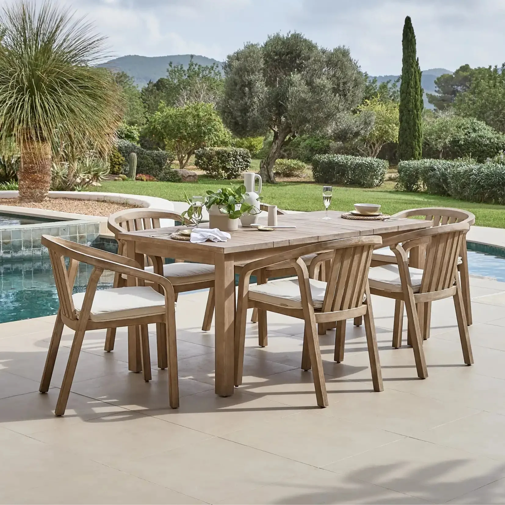Kuro 6 Seater Wooden Garden Dining Set with 6 Shiro Cushioned Chairs