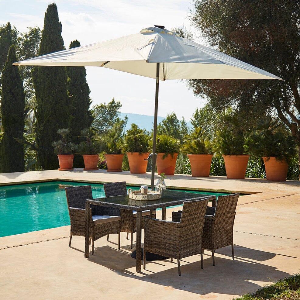 Marston 4 Seater Rattan Garden Dining Set with Cream Parasol - Grey - Glass Top