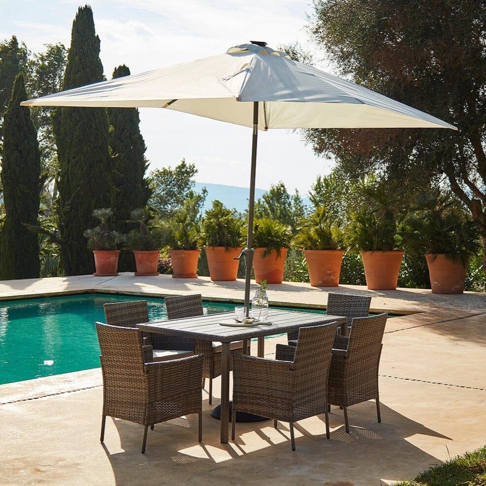 Marston 6 Seater Rattan Garden Dining Set with Cream LED Premium Parasol - Grey - Polywood Top