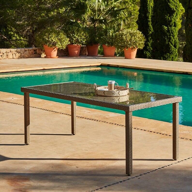 Marston 6 Seater Rattan Garden Dining Set with Cream Parasol - Natural Brown - Glass Top - Image 2