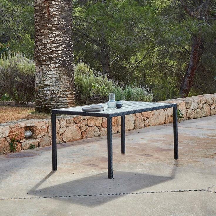 Marston 6 Seater Rattan Garden Dining Set with Cream LED Premium Parasol - Black - Polywood Top - Image 6