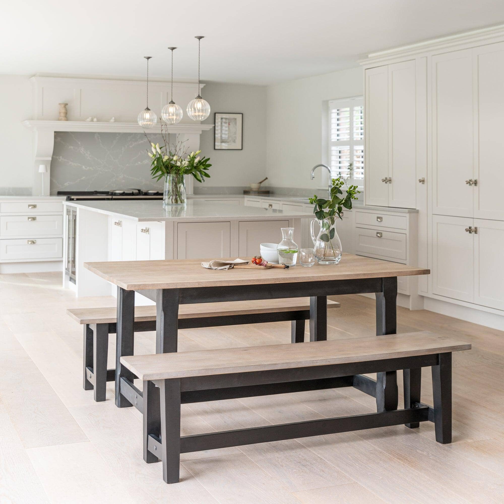 Matilda Chalked Mango Wood Dining Table Set - 2 x Matilda Benches - Black - Image 3
