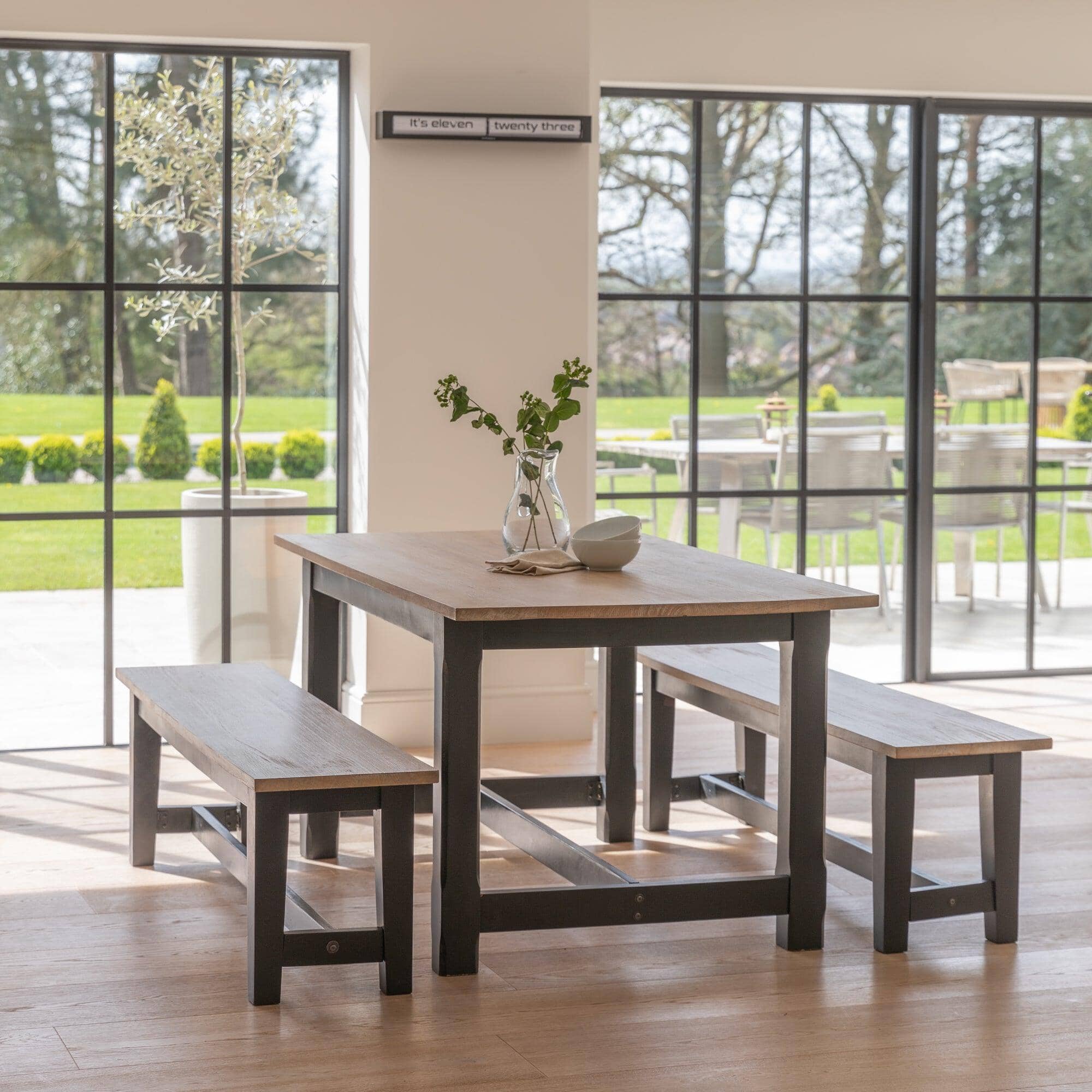 Matilda Chalked Mango Wood Dining Table Set - 2 x Matilda Benches - Black - Image 4