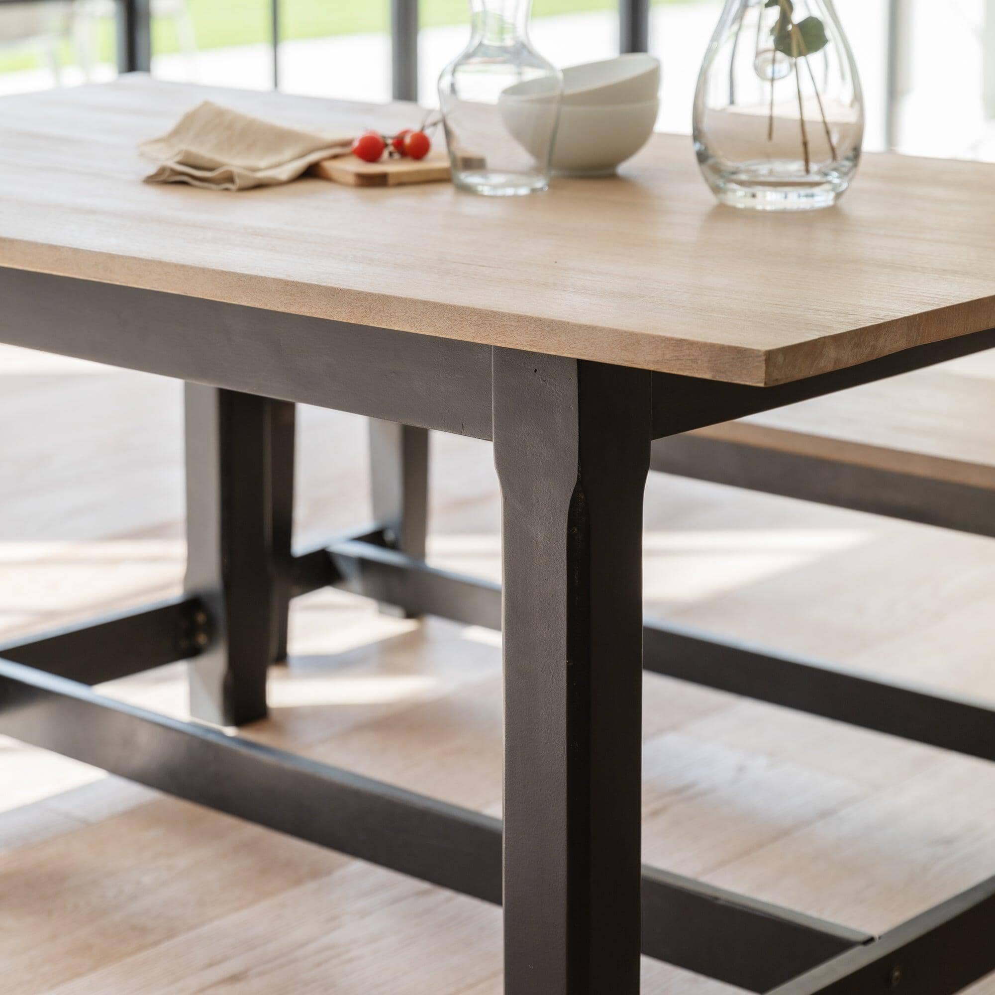 Matilda Chalked Mango Wood Dining Table Set - 2 x Matilda Benches - Black - Image 5