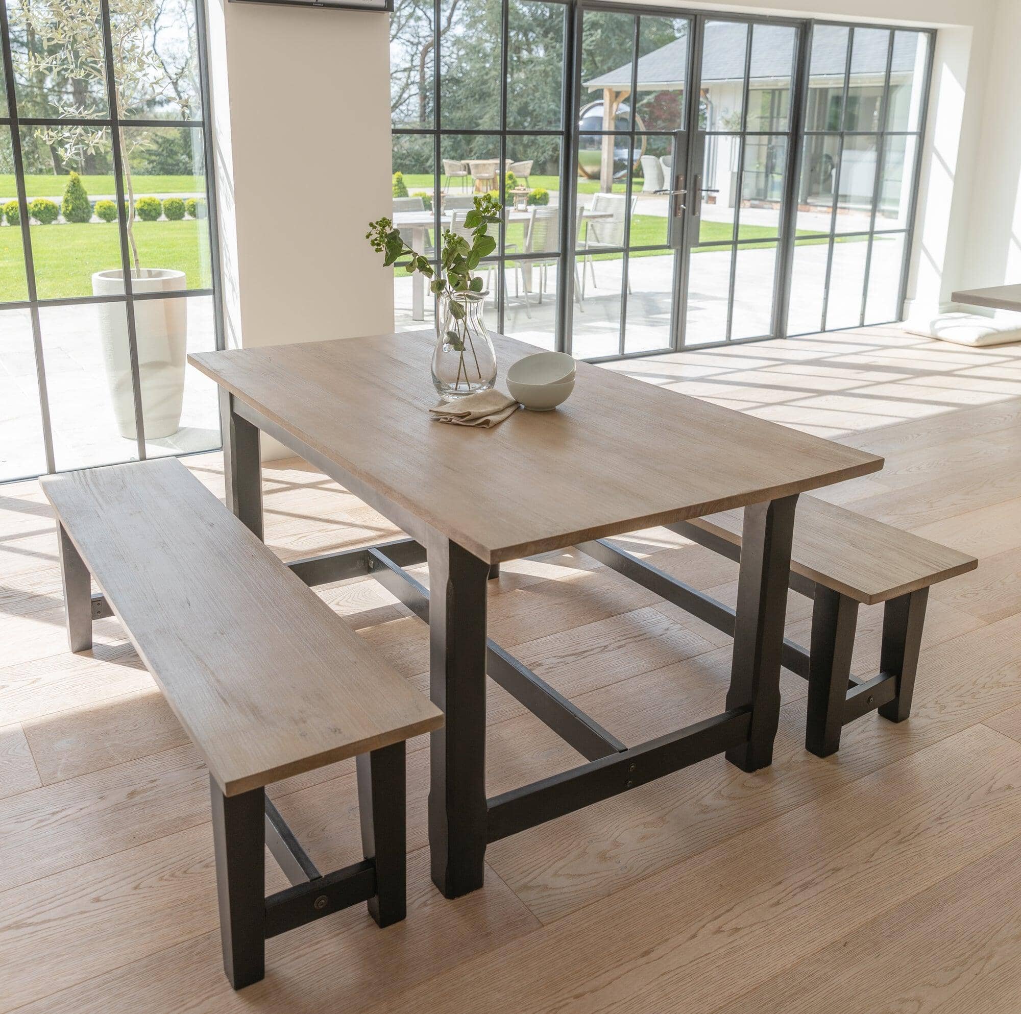 Matilda Chalked Mango Wood Dining Table Set - 2 x Matilda Benches - Black - Image 7