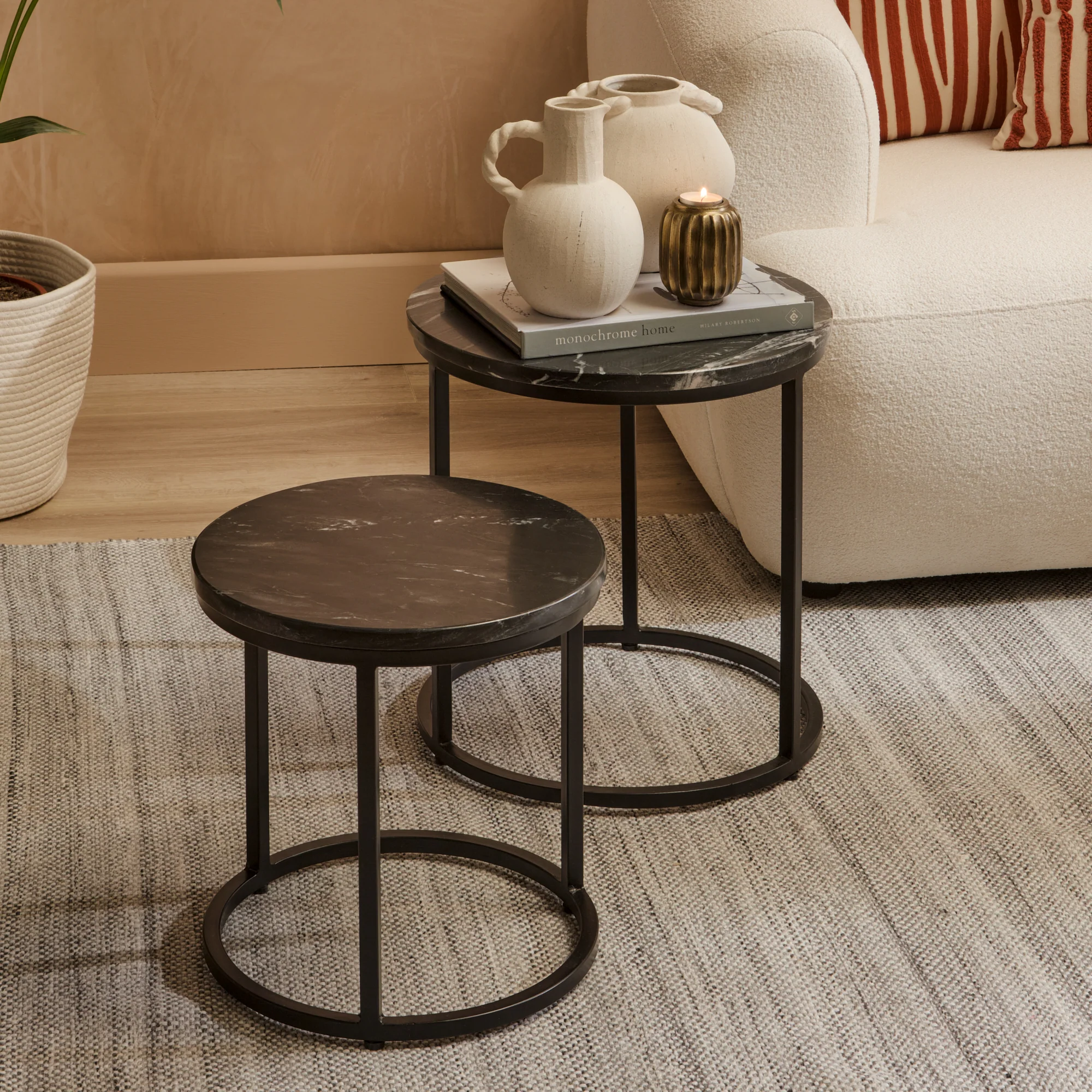 Nara Black Marble Round Nesting Side Tables - Black Frame