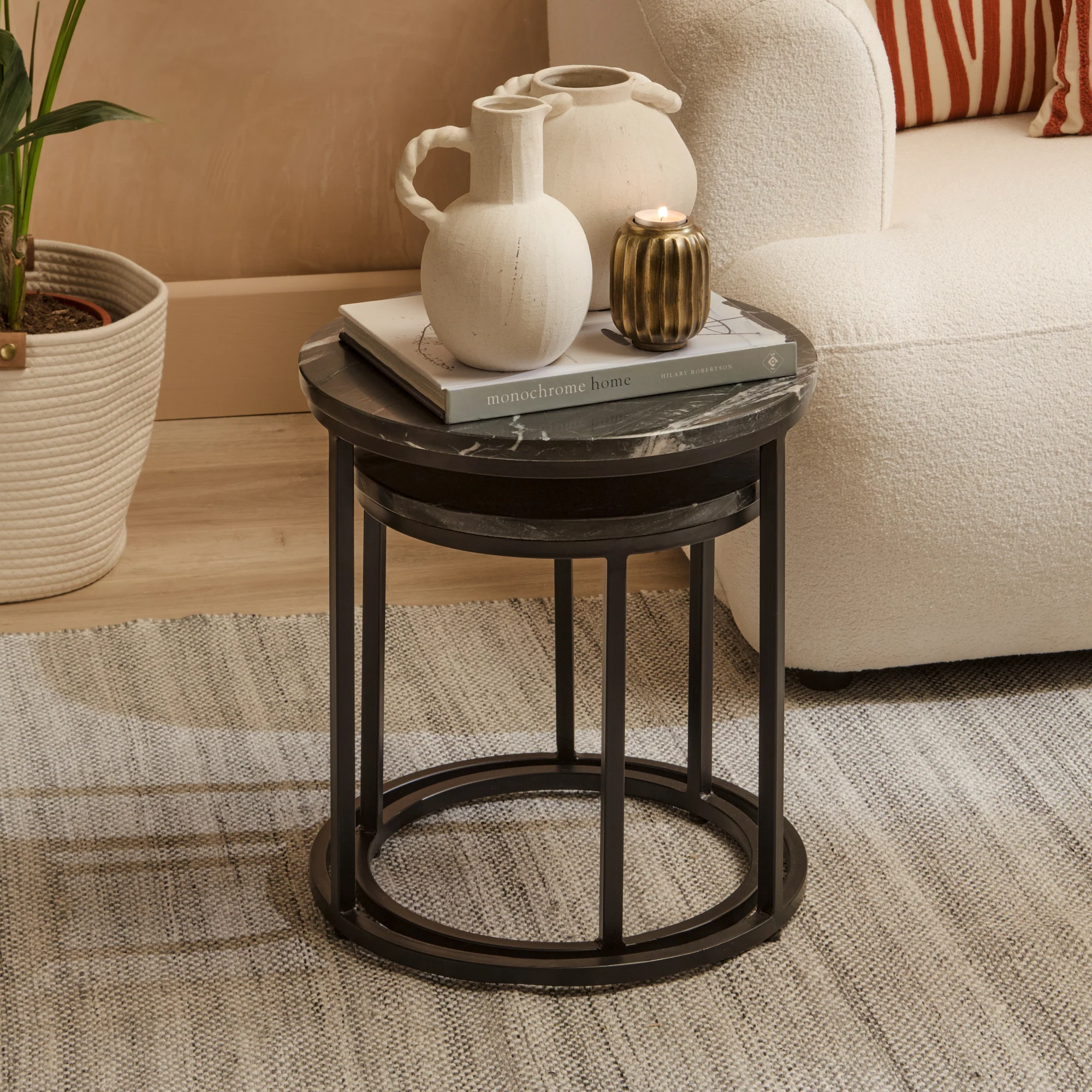 Nara Black Marble Round Nesting Side Tables - Black Frame - Image 2