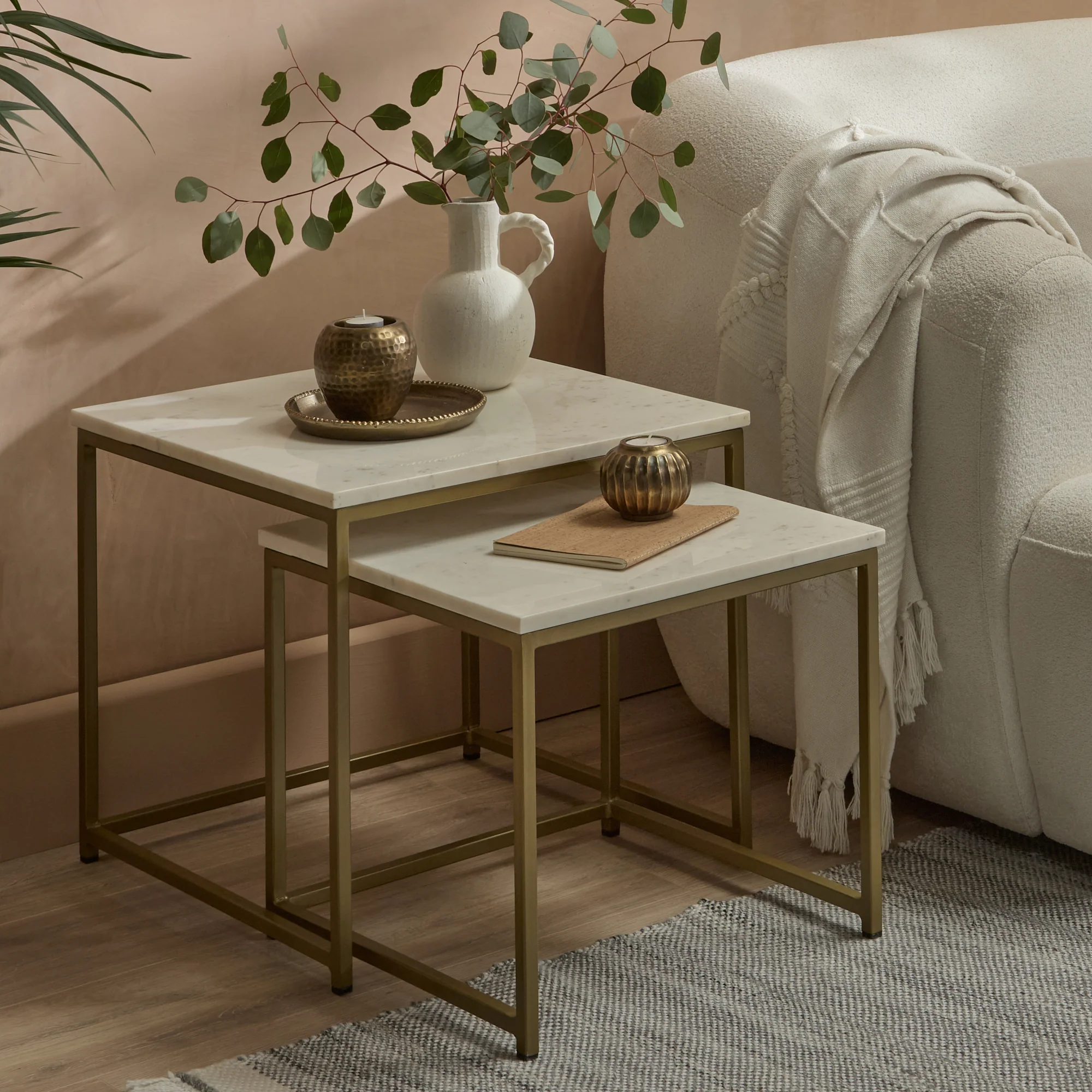 Nara Nesting White Marble Square Coffee Table - Gold Frame