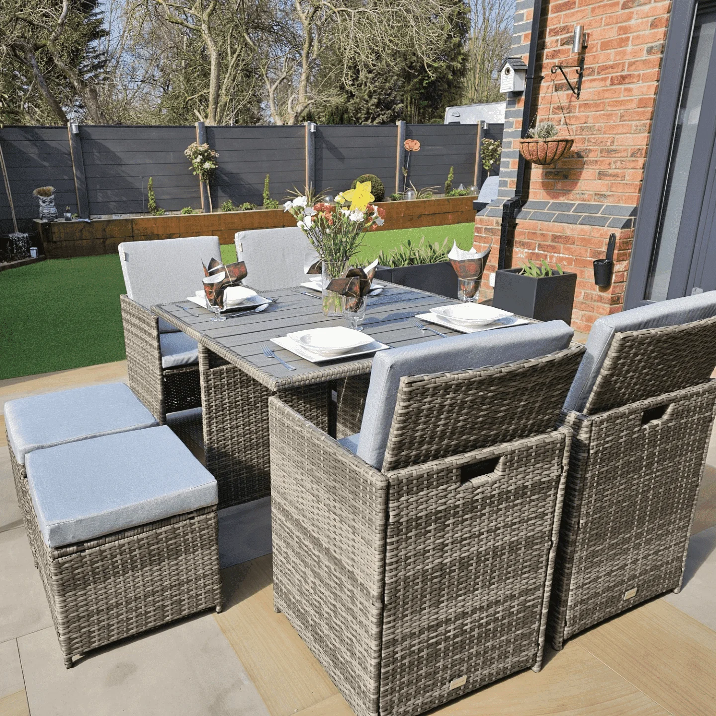 Cube 8 Seater Rattan Outdoor Dining Set - Grey Weave Polywood Top - Image 4