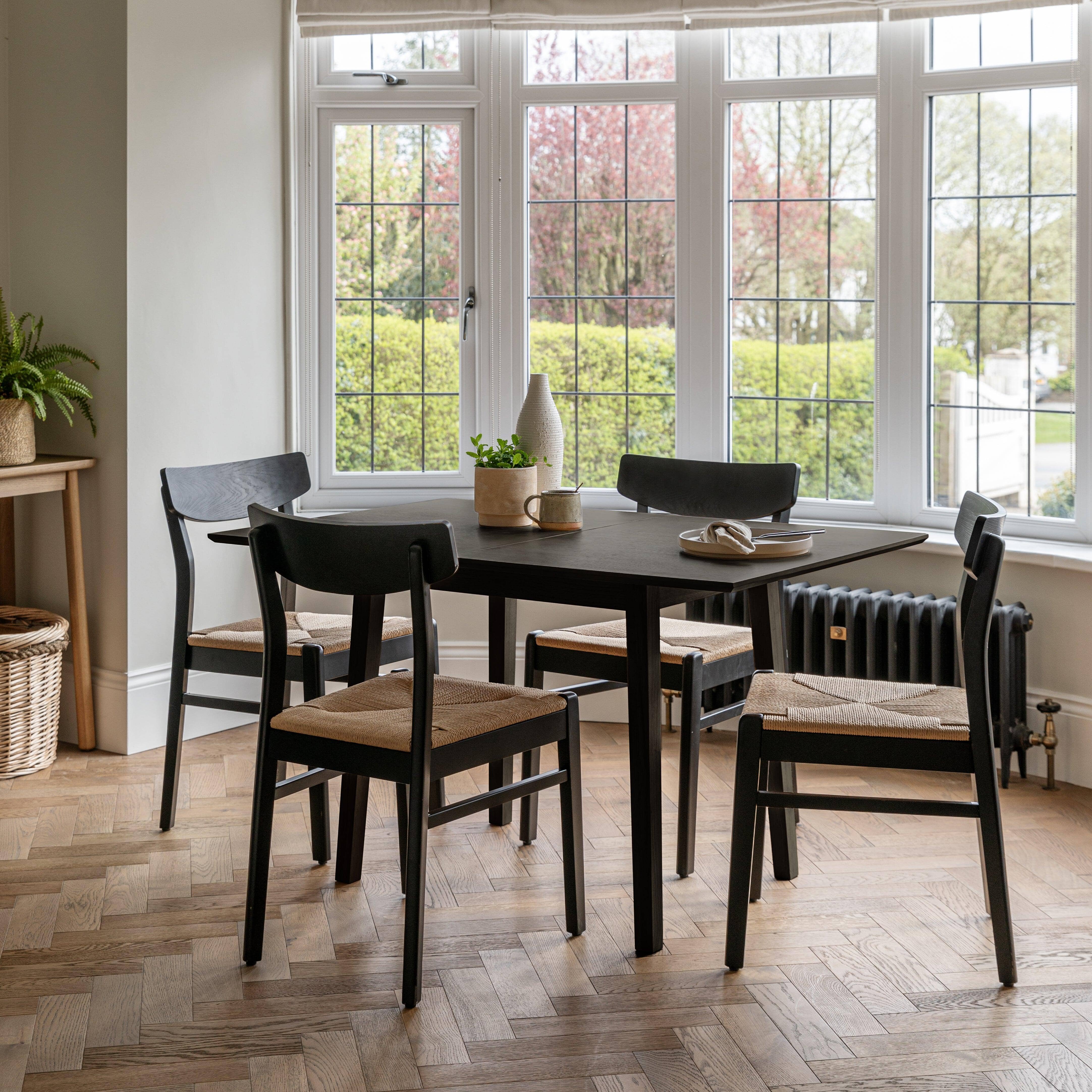 Charlie Black Oak Dining Table Set - Extendable - 4 Seater - Faye Black Woven Dining Chairs - Image 2