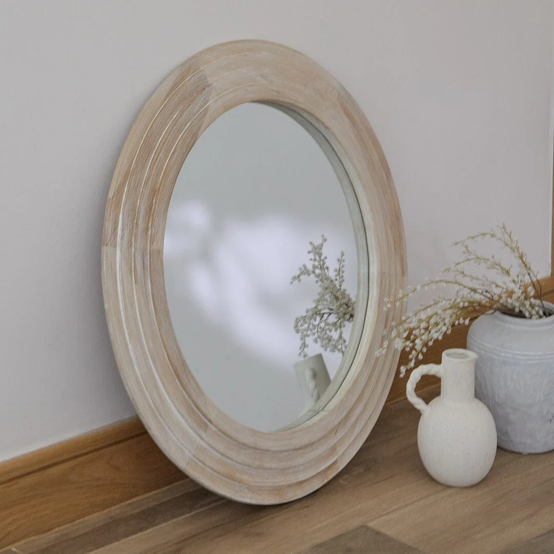 Outlet - Kubu 70cm Wooden Round Mirror - Whitewash