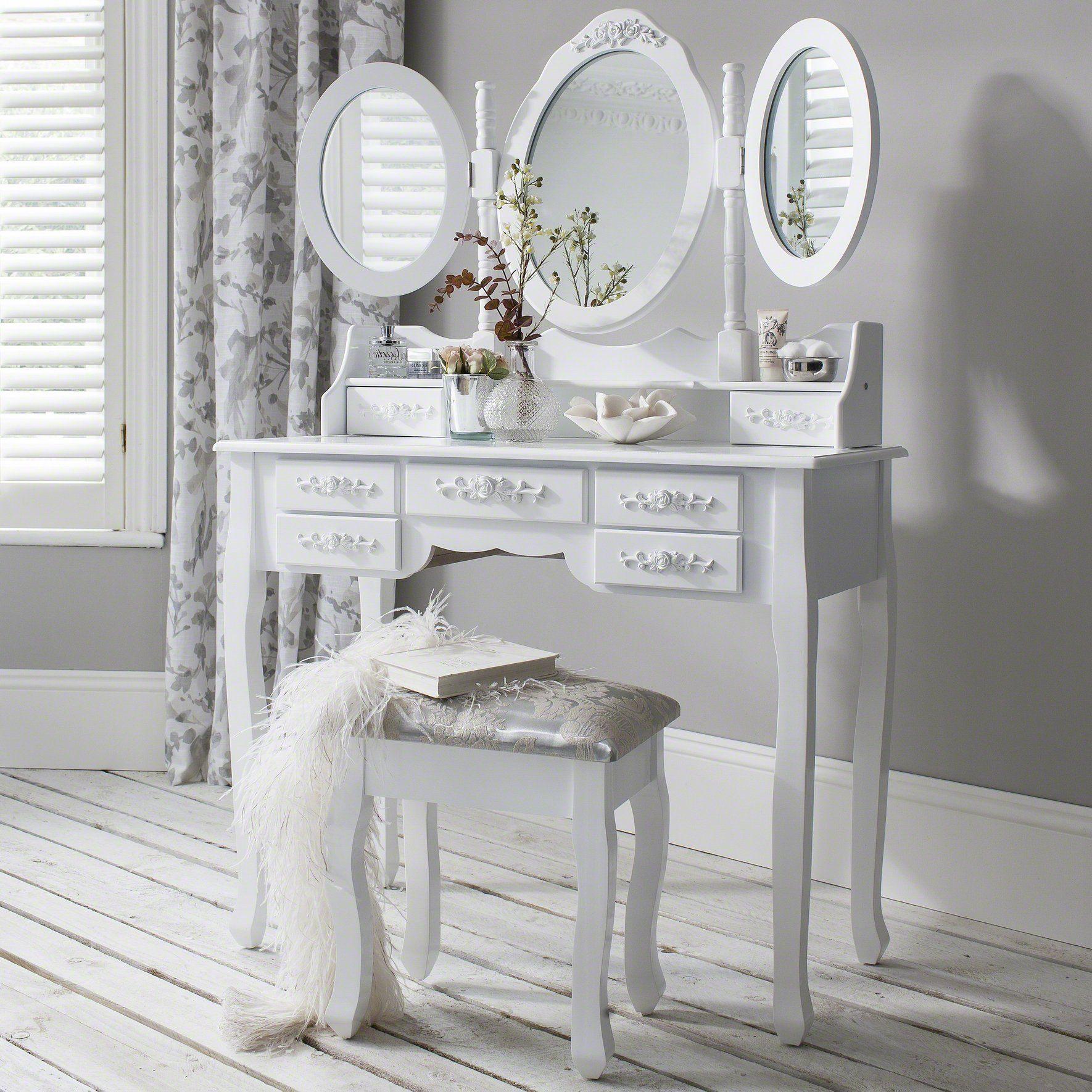 Outlet – Monaco Dressing Table, Stool & Mirror Set - White Painted - Image 3