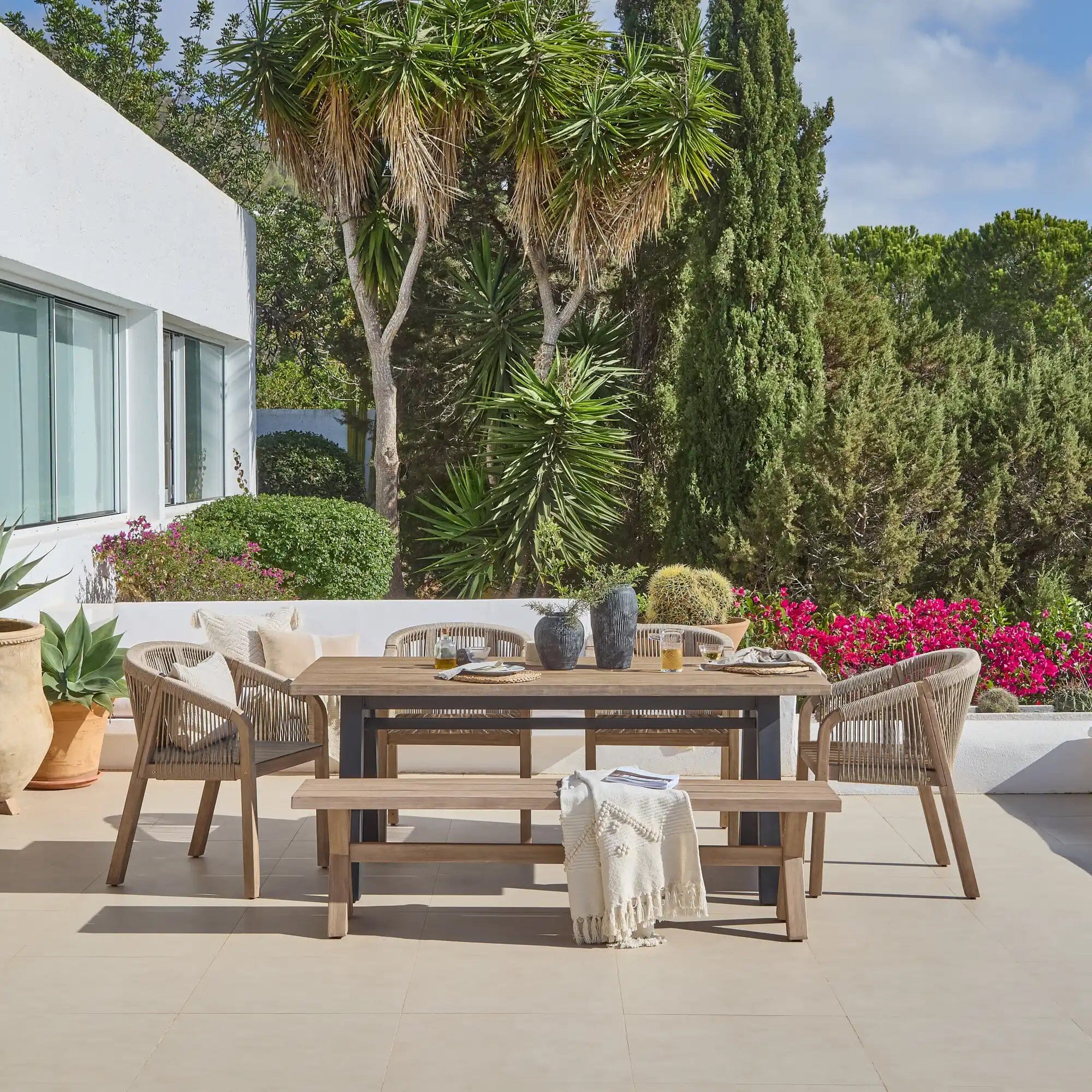 Palm 6 Seater Wooden Garden Dining Set with 4 Nala Sand Chairs & Charlotte Bench - Image 2