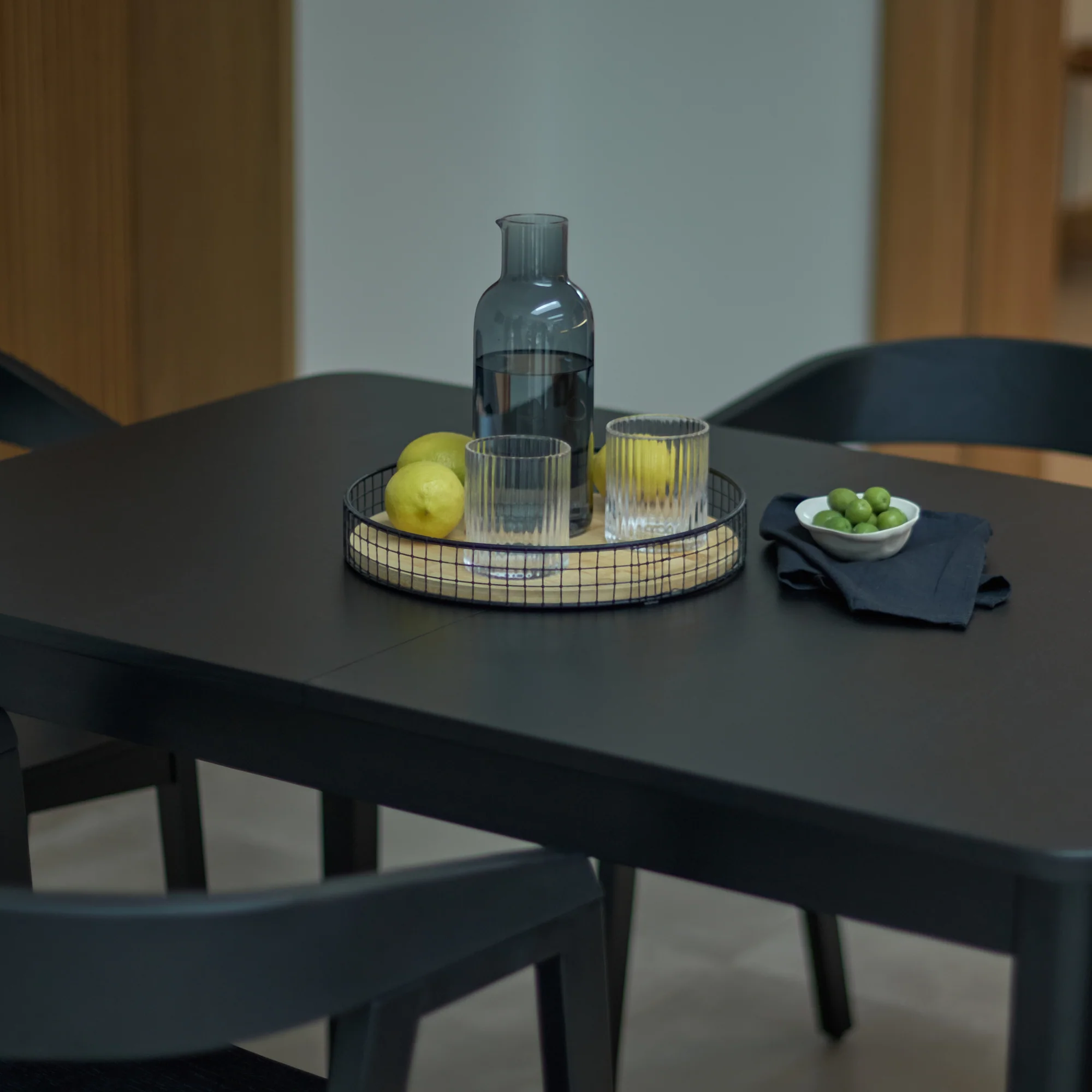 Paul Black Oak Extending Dining Table Set - 6 Seater - Ella Off White Boucle Carver Chairs - Black Oak Legs - Image 7