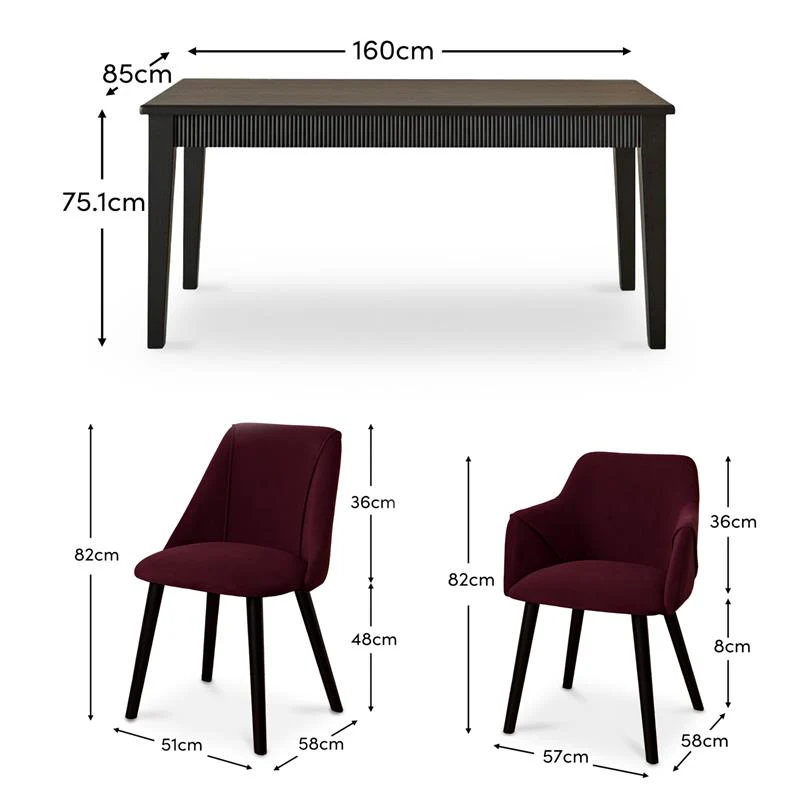 Raleigh Black Dining Table Set - 6 Seater - 4 Freya Burgundy Red Dining Chairs & 2 Freya Burgundy Red Armchairs - Black Oak Legs - Image 10