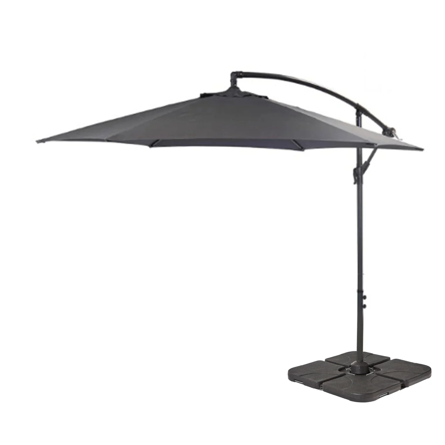 Round 2.9m Grey Lean-Over Parasol with 80kg Quartered Parasol Base - Black Plastic