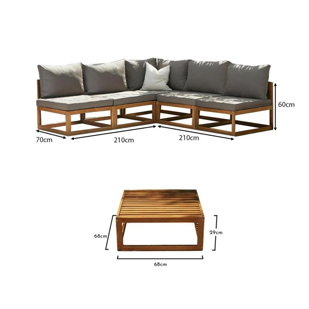 Rowan 5 Seater Wooden Garden Corner Sofa Set with Coffee Table - Grey - Image 8