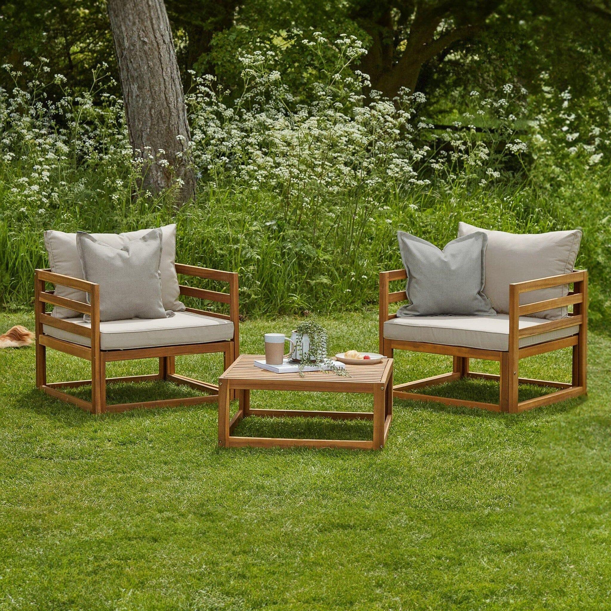 Rowan Wooden Garden 2 Armchairs & Coffee Table - Natural