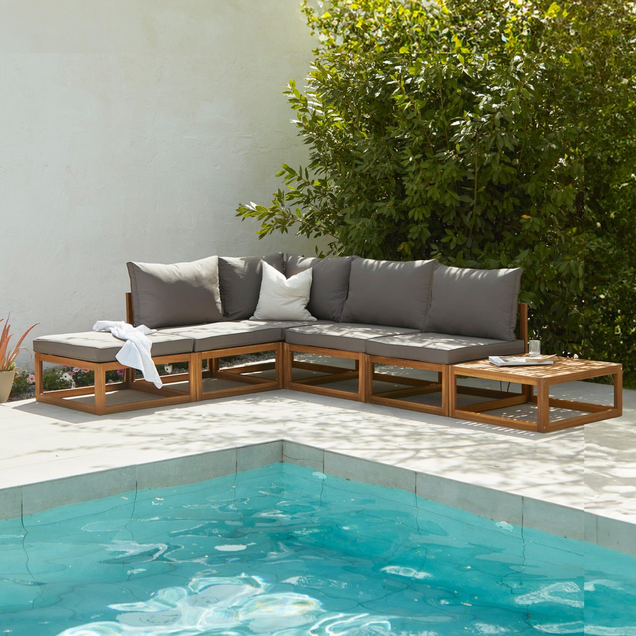 Rowan 5 Seater Wooden Garden Chaise Corner Sofa Set with Coffee Table - Grey