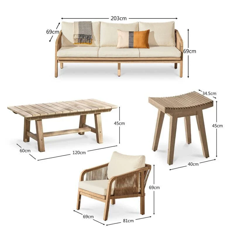 Shiro Wooden Garden Set with 3 Seater Sofa - 2 Shiro Armchairs & Coffee Table - Image 11